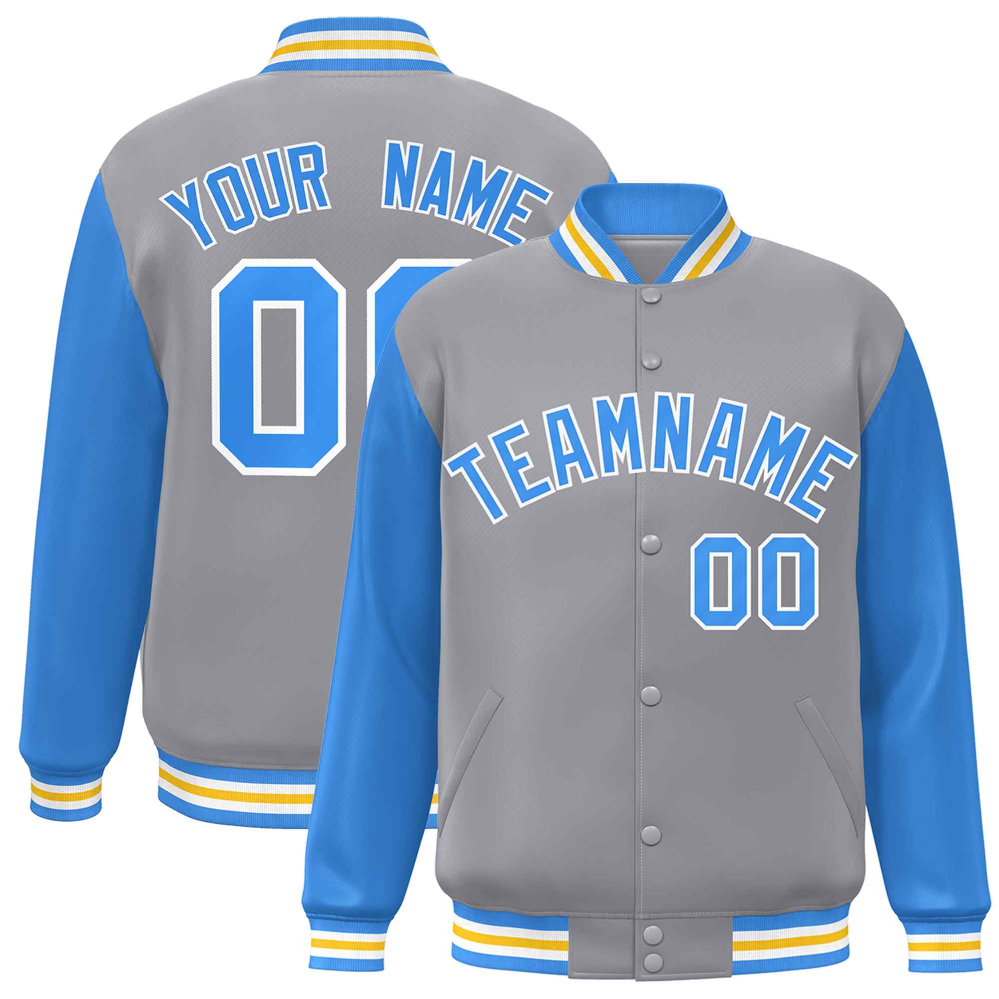 Custom Gray Powder Blue-White Raglan Sleeves Varsity Full-Snap Letterman Jacket