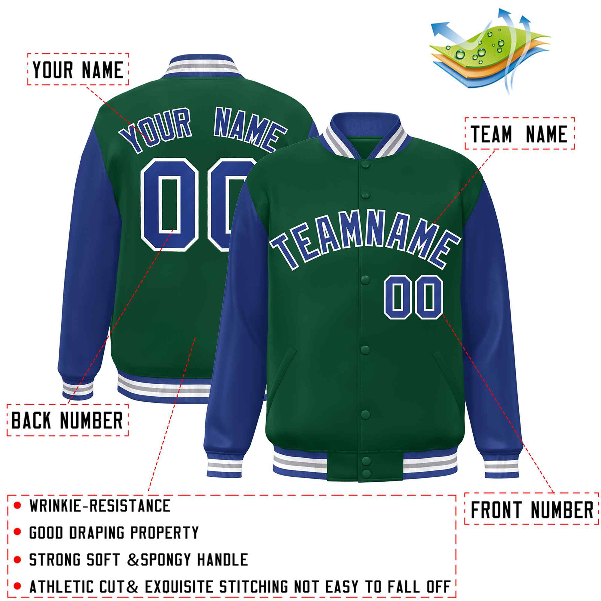 Custom Green Royal-White Raglan Sleeves Varsity Full-Snap Letterman Jacket