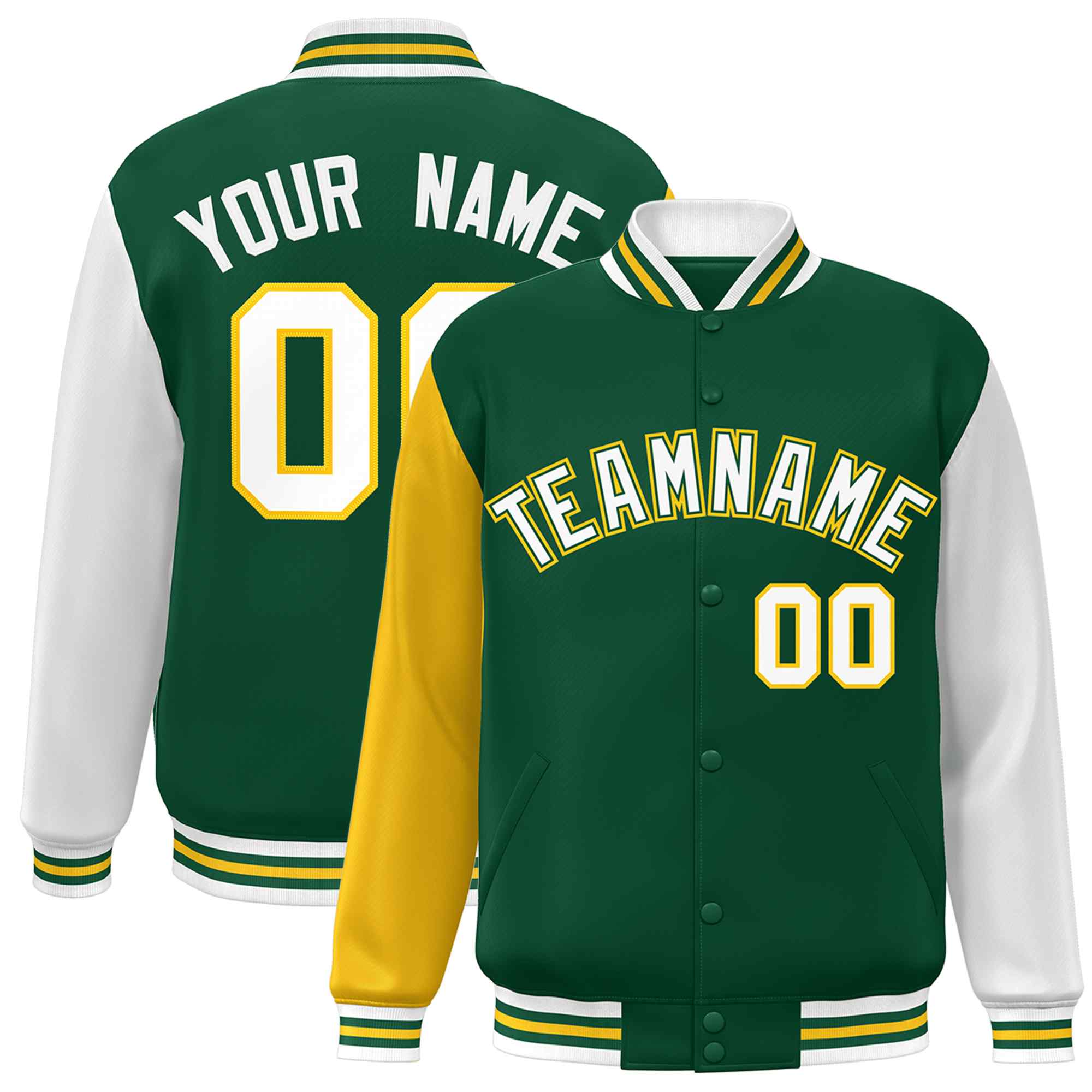Custom Green White-Green Raglan Sleeves Varsity Full-Snap Letterman Jacket