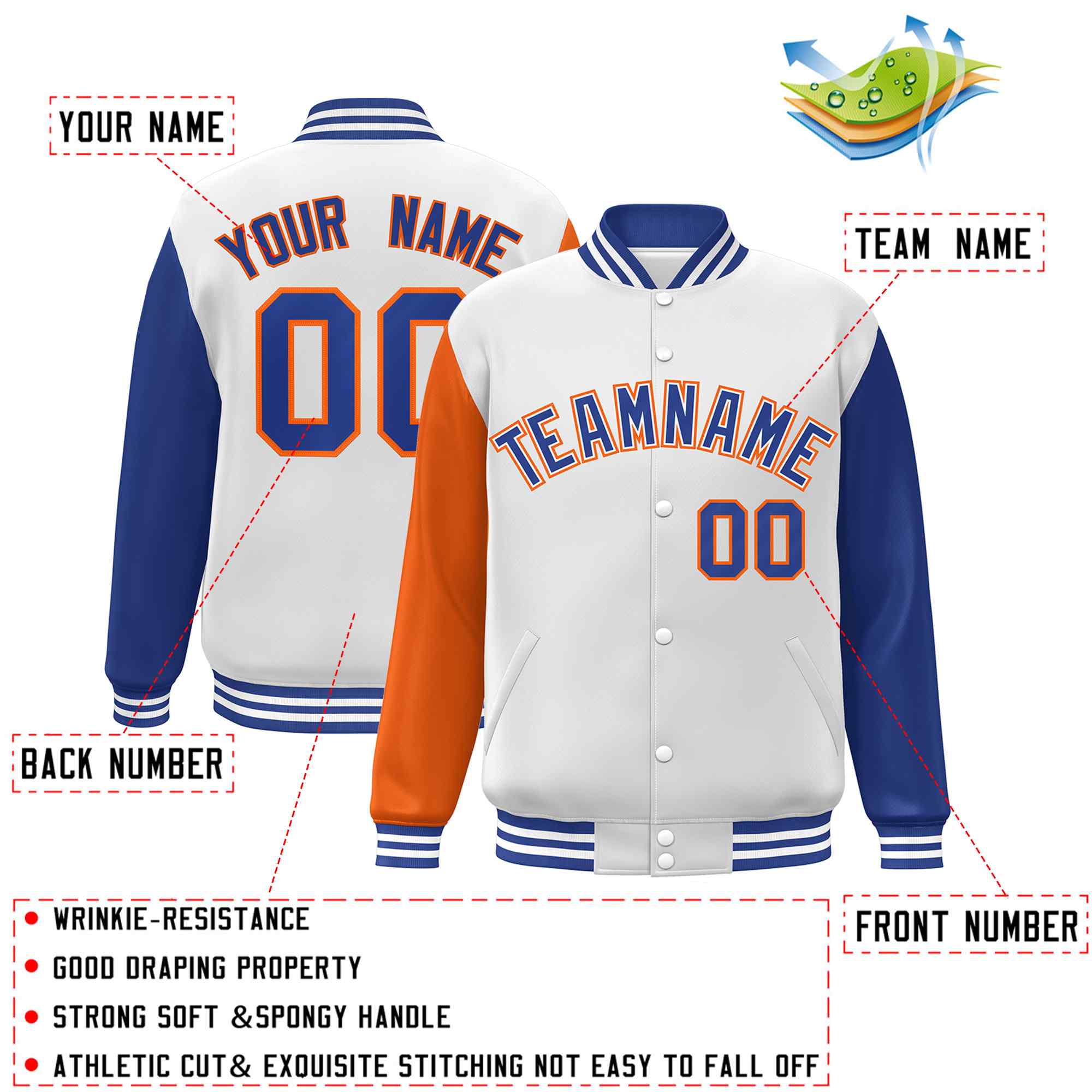 Custom White Royal-Orange Raglan Sleeves Varsity Full-Snap Letterman Jacket