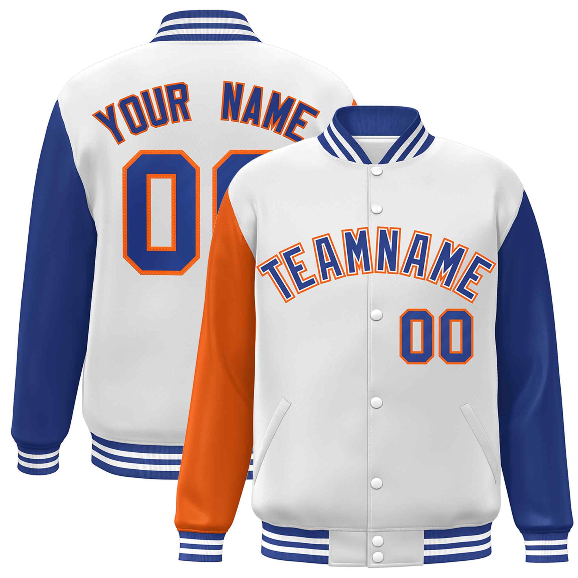 Custom White Royal-Orange Raglan Sleeves Varsity Full-Snap Letterman Jacket