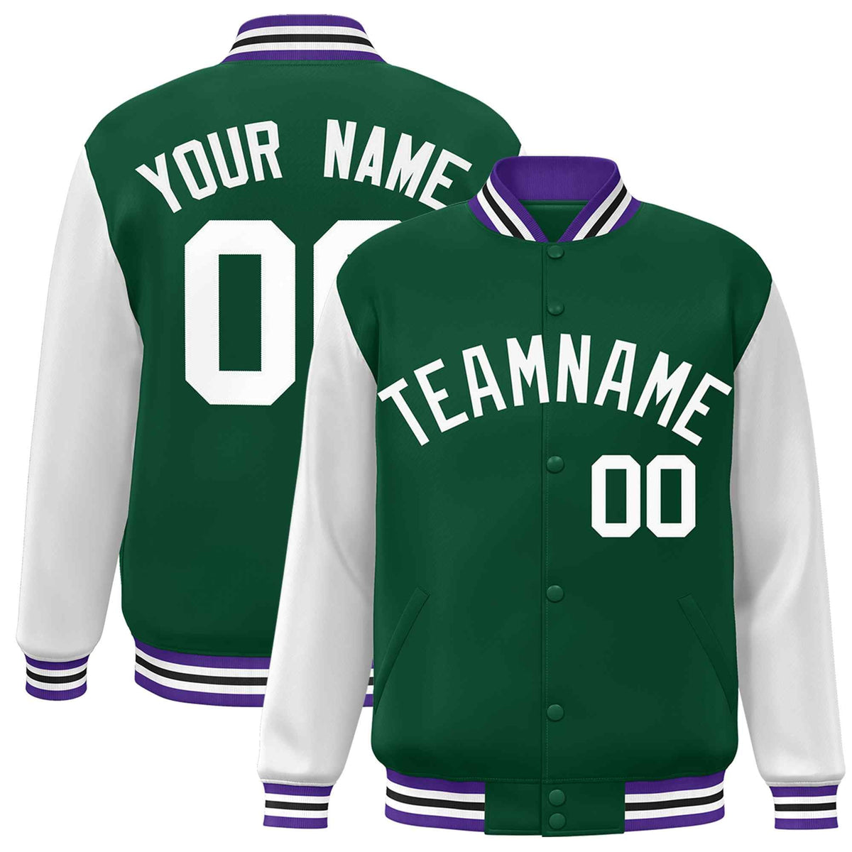 Custom Green White Raglan Sleeves Varsity Full-Snap Letterman Jacket | KXKSHOP