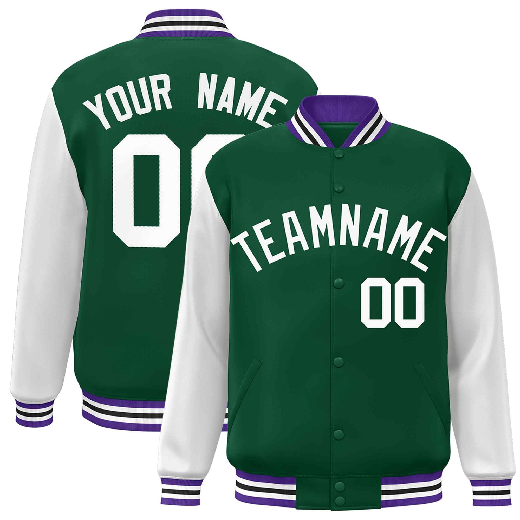 Custom Green White Raglan Sleeves Varsity Full-Snap Letterman Jacket