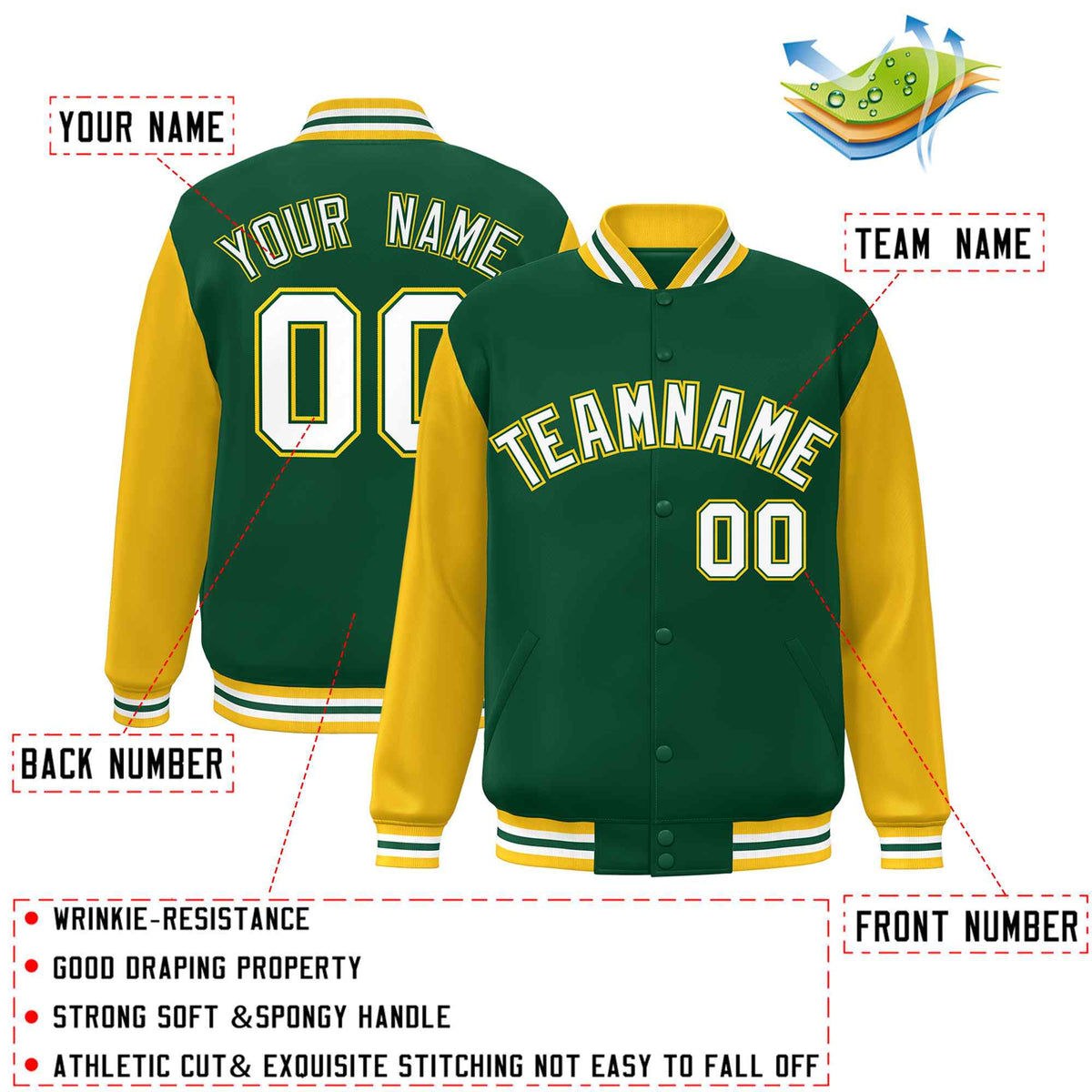 Custom Green White Raglan Sleeves Varsity Full-Snap Letterman Jacket | KXKSHOP