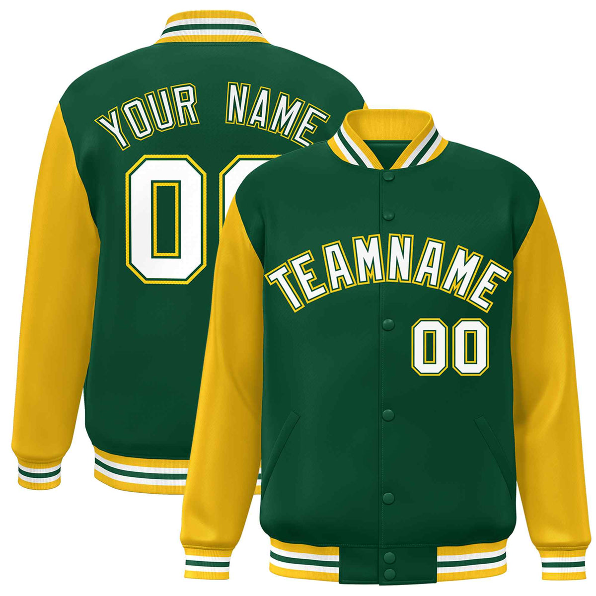 Custom Green White Raglan Sleeves Varsity Full-Snap Letterman Jacket | KXKSHOP