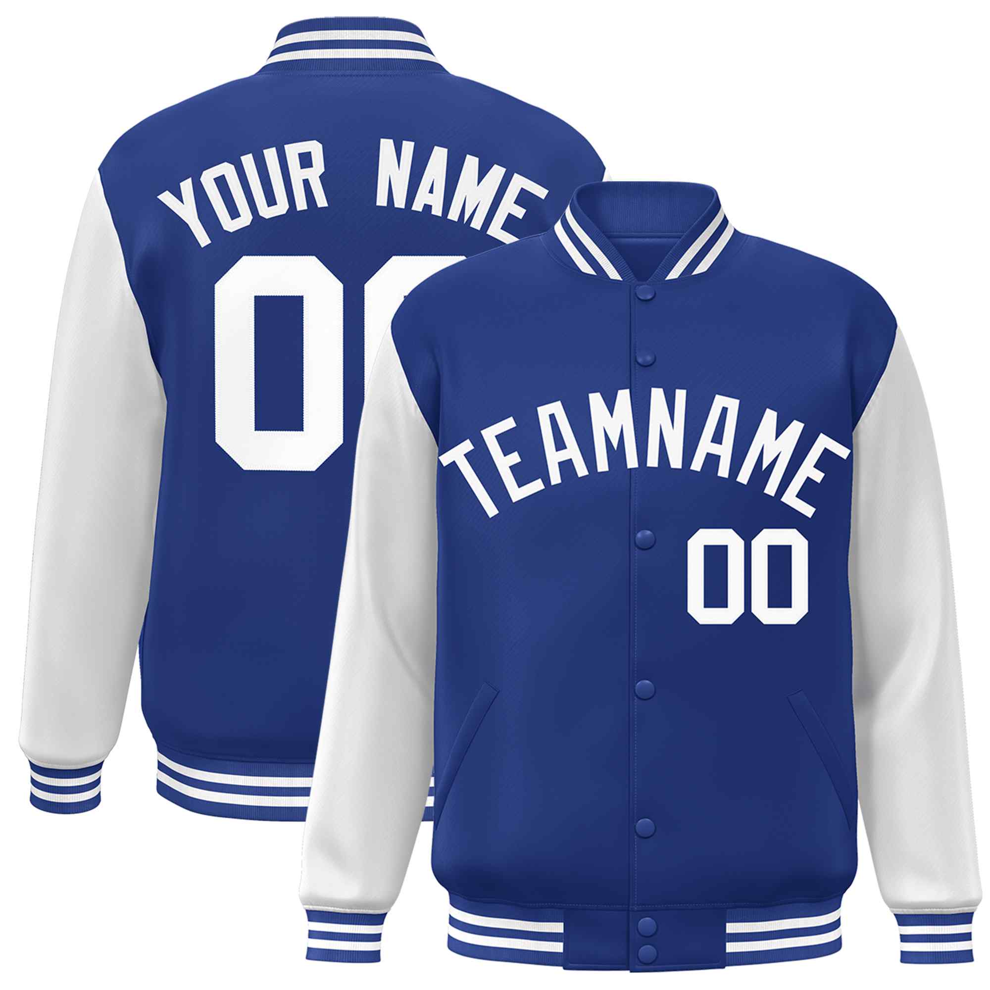 Custom Royal White Raglan Sleeves Varsity Full-Snap Letterman Jacket