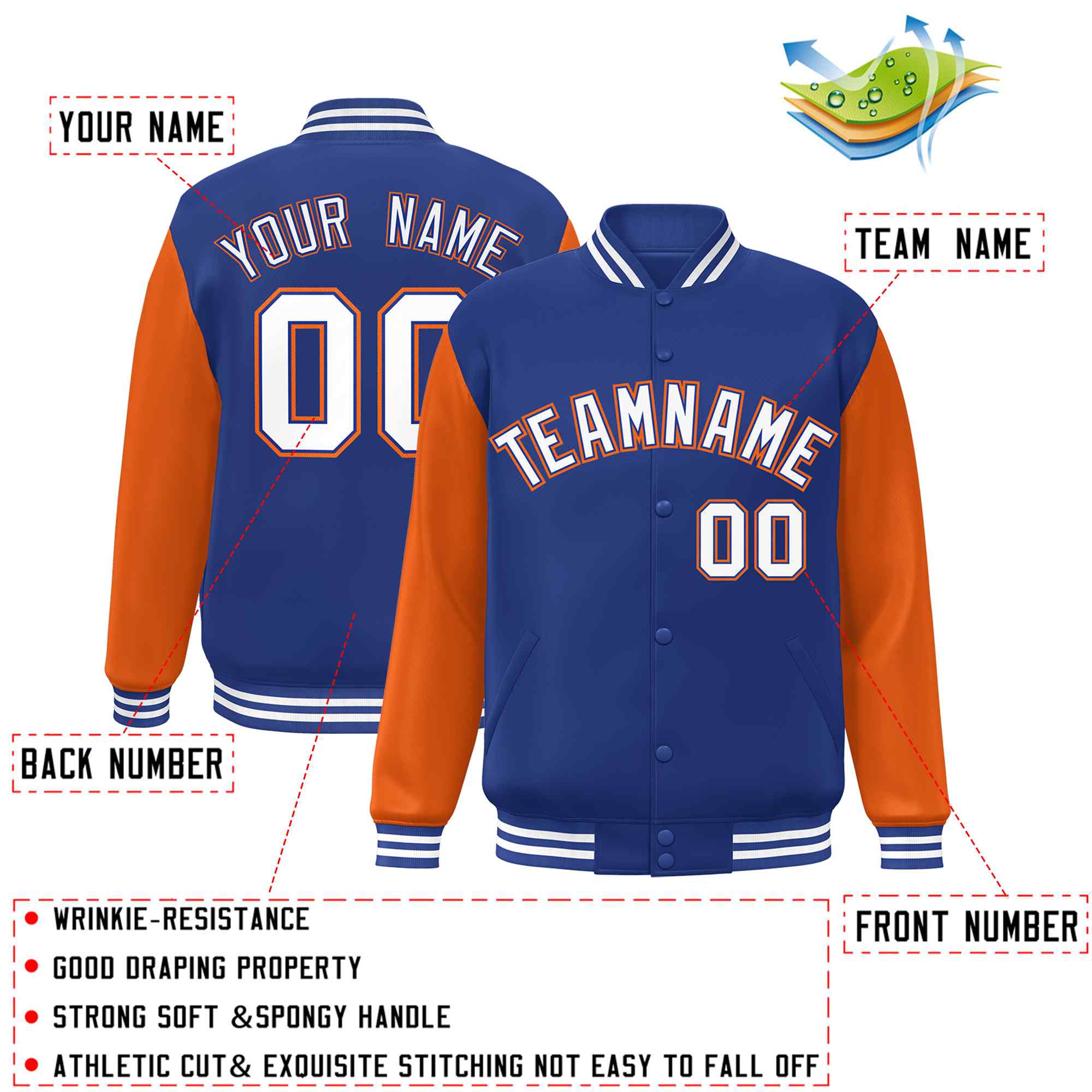 Custom Royal White-Royal Raglan Sleeves Varsity Full-Snap Letterman Jacket
