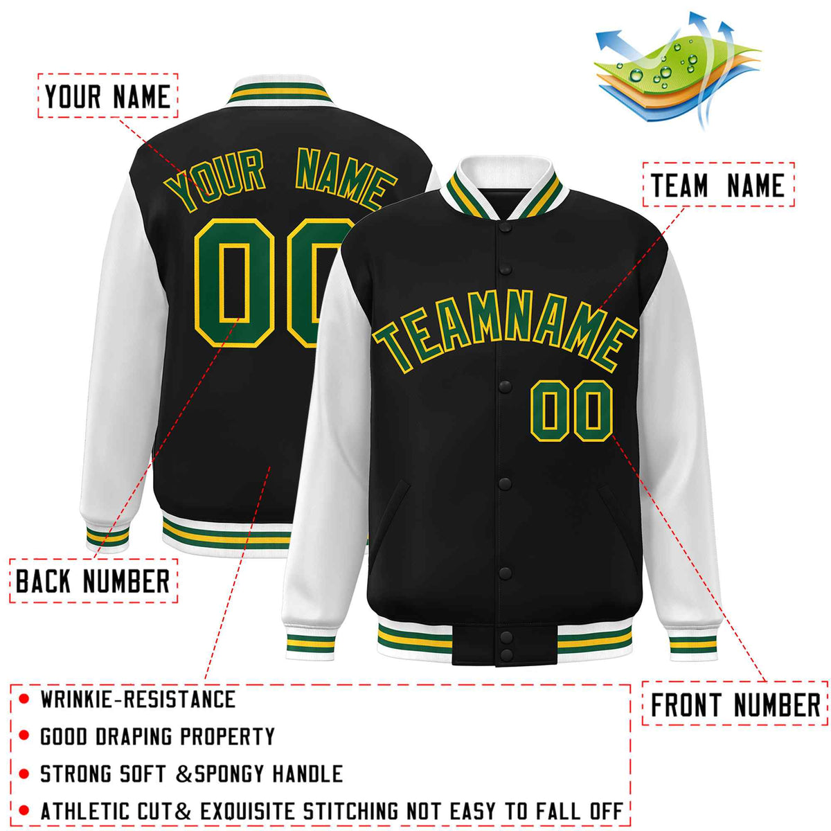 Custom Green White Raglan Sleeves Varsity Full-Snap Letterman Jacket | KXKSHOP