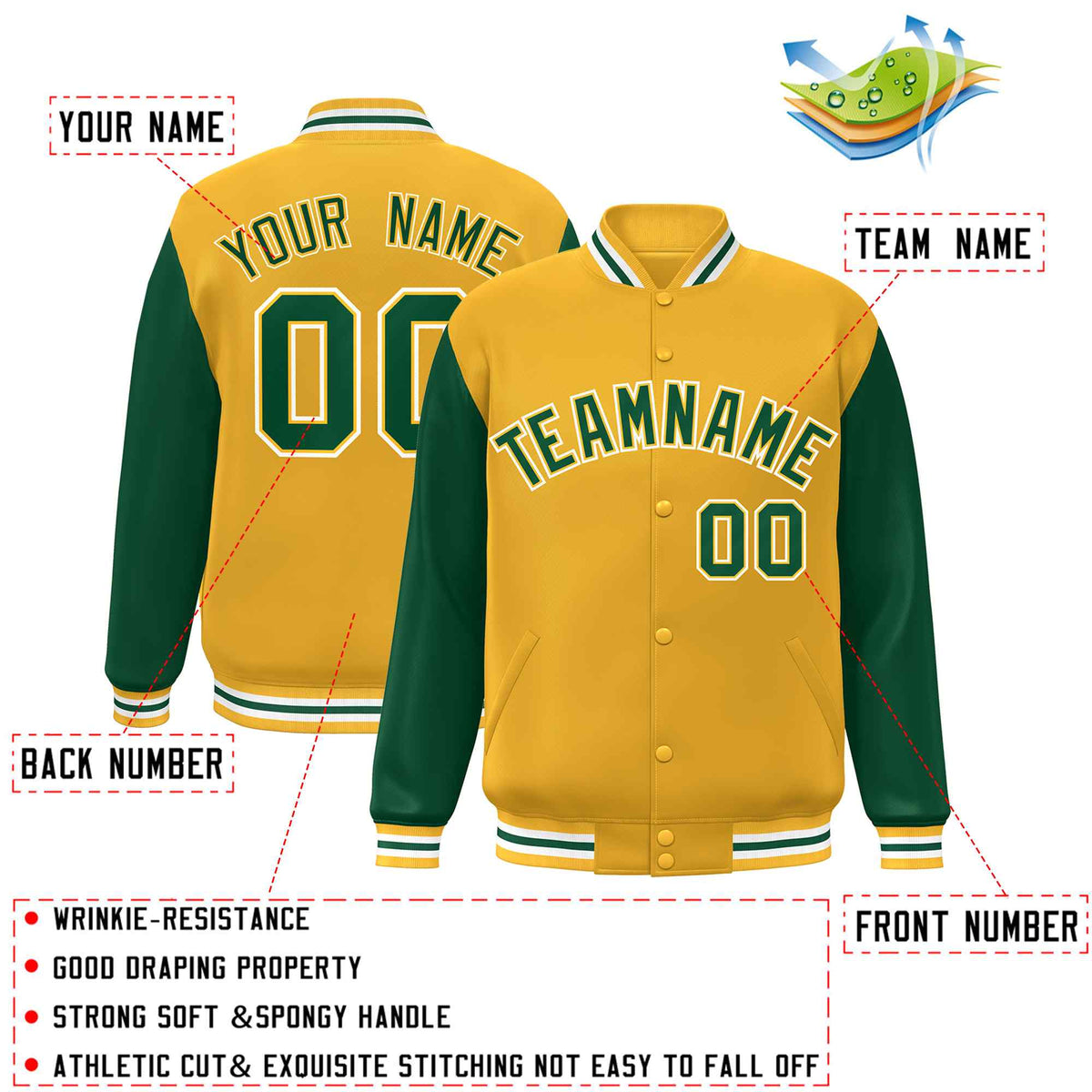 Custom Green White Raglan Sleeves Varsity Full-Snap Letterman Jacket | KXKSHOP