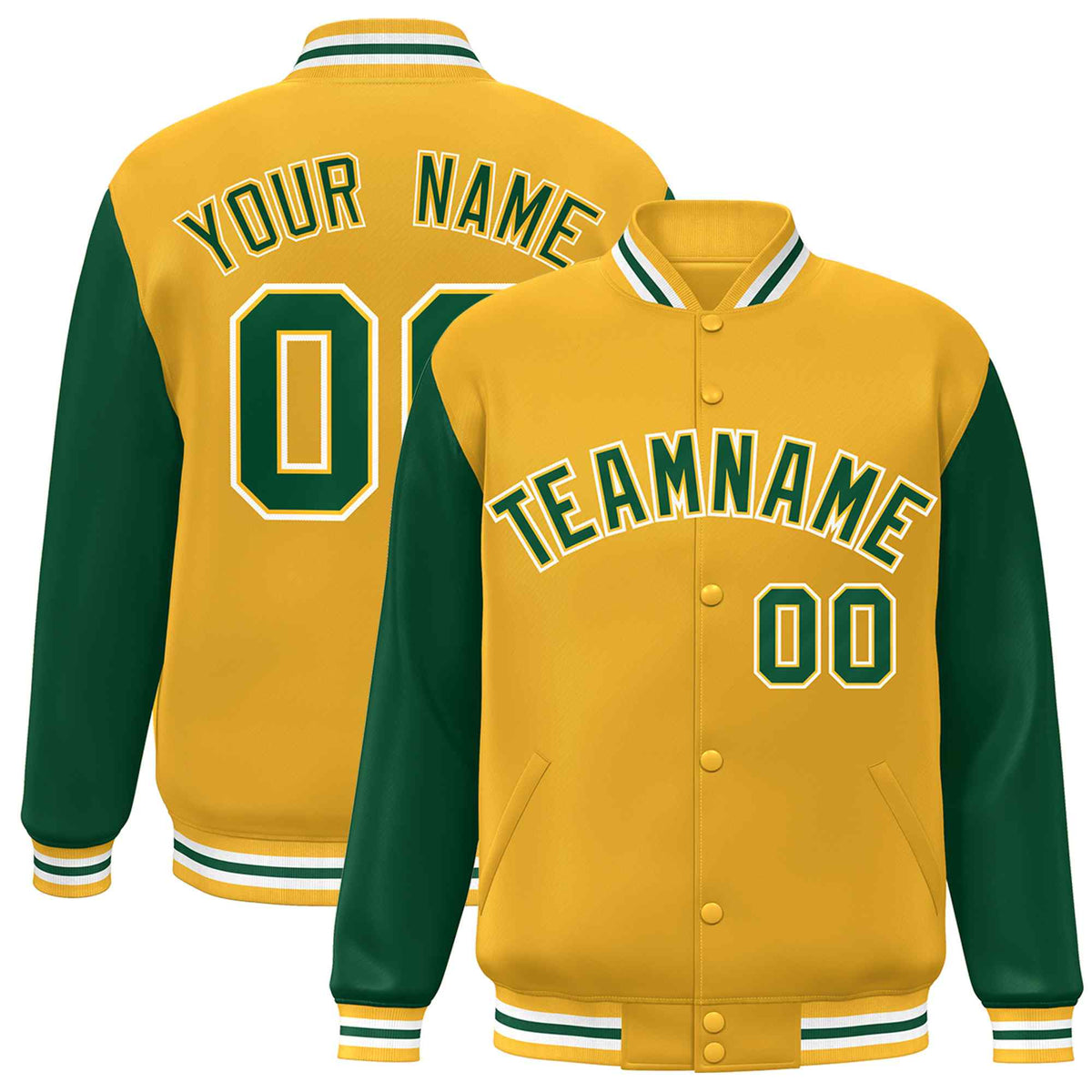 Custom Green White Raglan Sleeves Varsity Full-Snap Letterman Jacket | KXKSHOP