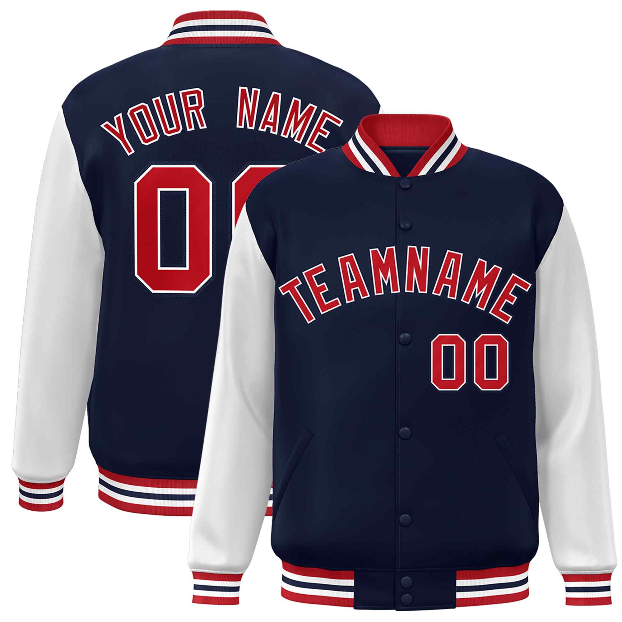 Custom Navy Red-White Raglan Sleeves Varsity Full-Snap Letterman Jacket