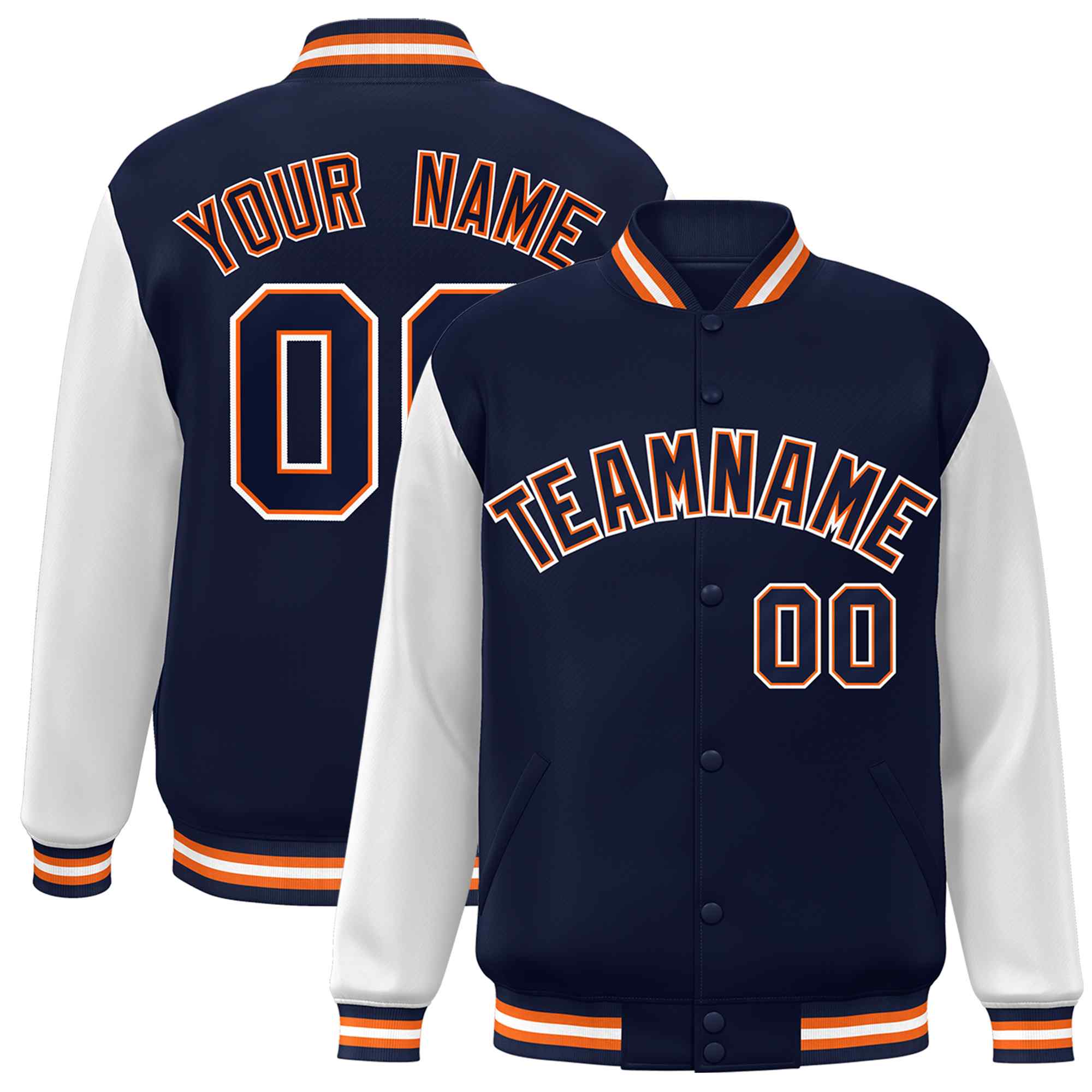 Custom Navy Navy-Orange Raglan Sleeves Varsity Full-Snap Letterman Jacket