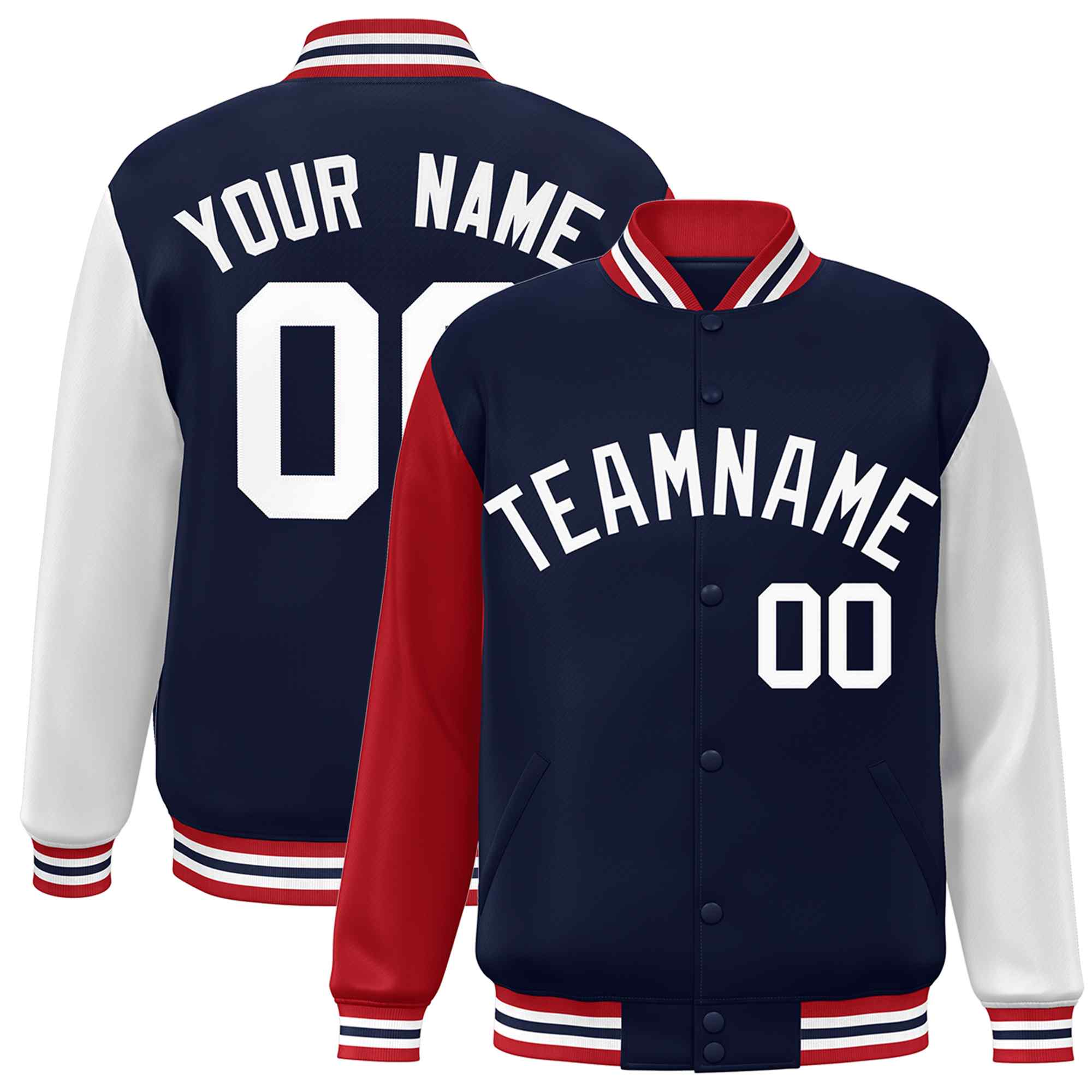 Custom Navy White Raglan Sleeves Varsity Full-Snap Letterman Jacket