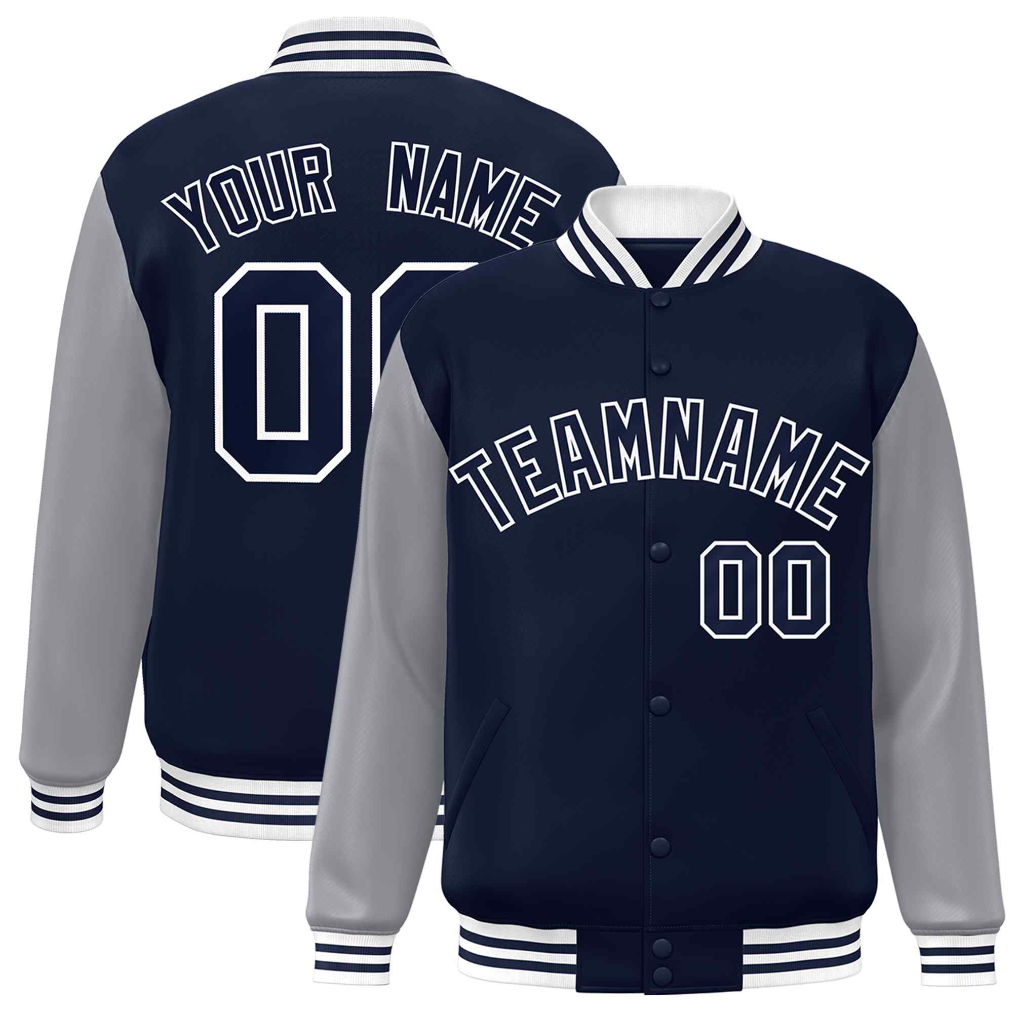 Custom Navy Navy-White Raglan Sleeves Varsity Full-Snap Letterman Jacket