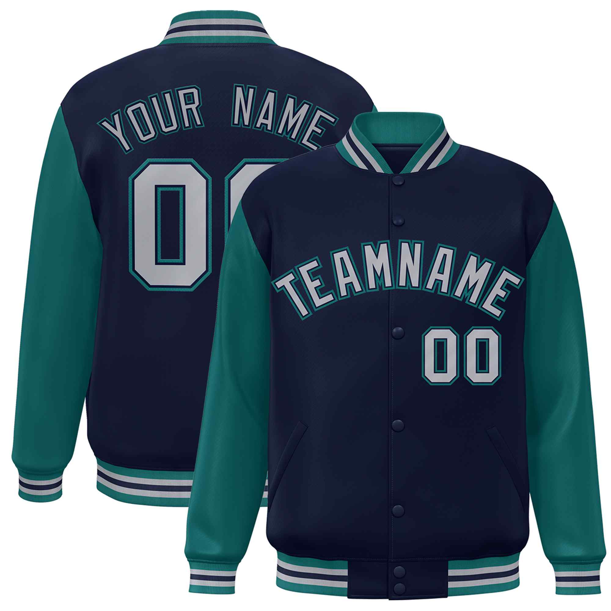 Custom Navy Gray-Navy Raglan Sleeves Varsity Full-Snap Letterman Jacket
