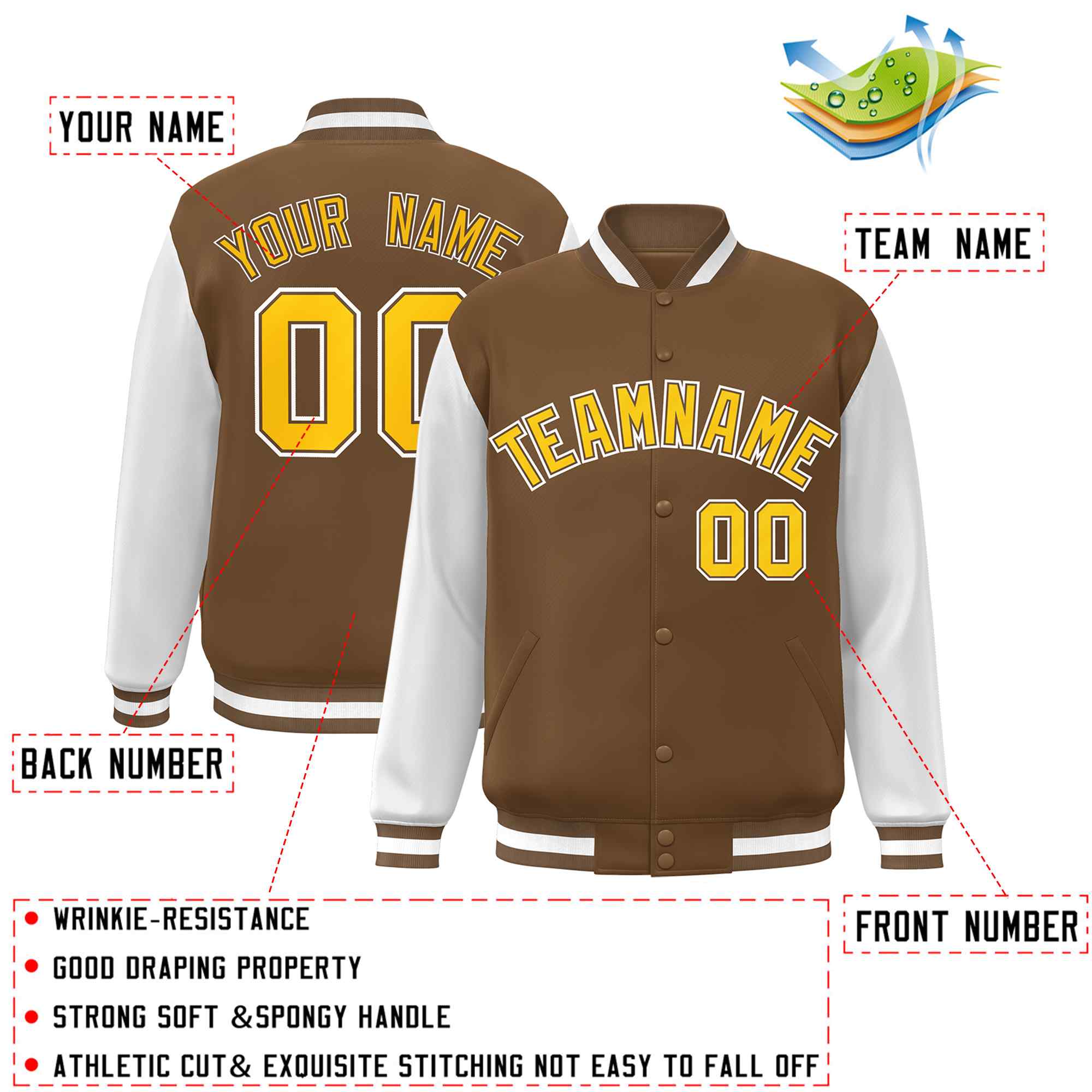 Veste universitaire personnalisée marron clair, or et blanc, manches raglan, bouton-pression intégral, style universitaire