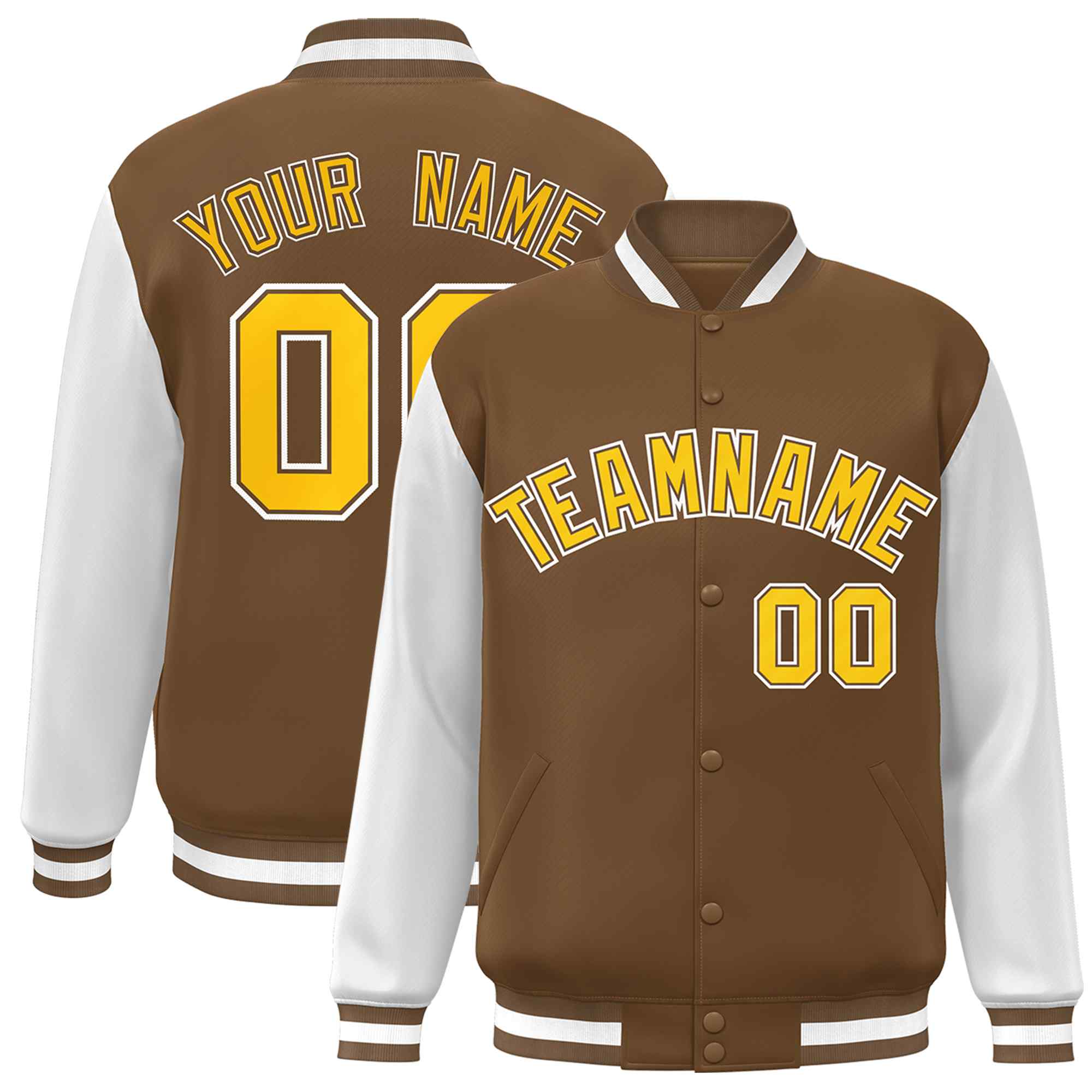 Veste universitaire personnalisée marron clair, or et blanc, manches raglan, bouton-pression intégral, style universitaire
