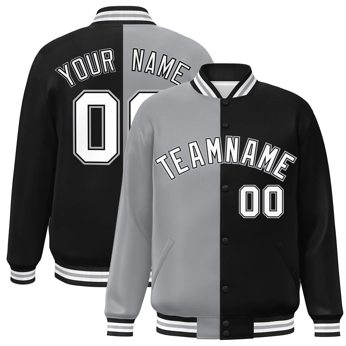 Custom Black Gray-White Letterman Two Tone Split Fashion Varsity Full-Snap Jacket