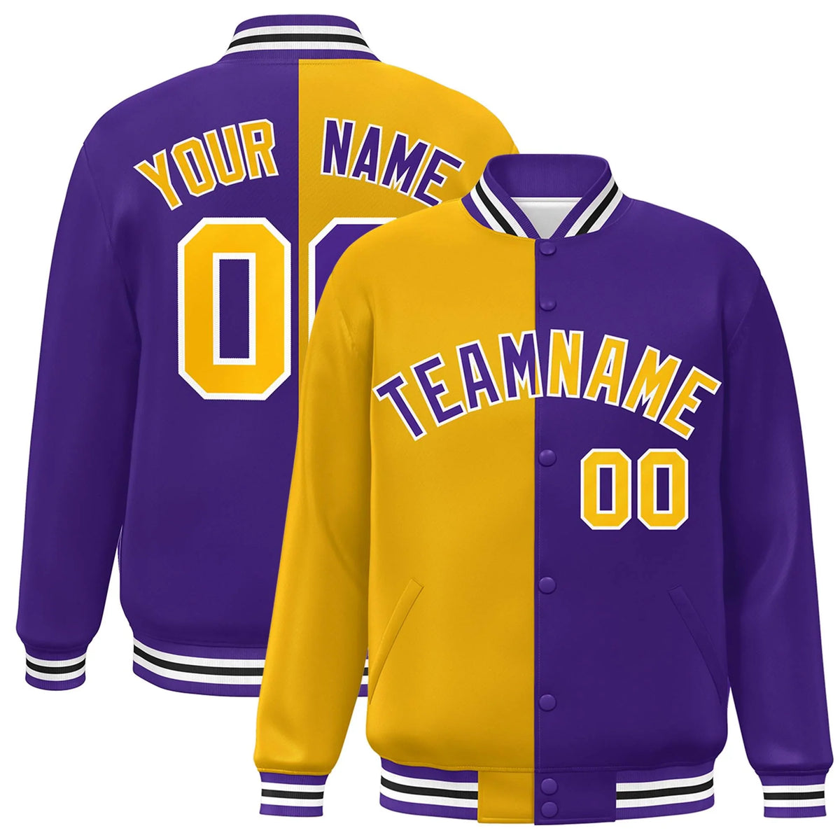 Custom Purple Gold-White Letterman Two Tone Split Fashion Varsity Full-Snap Jacket