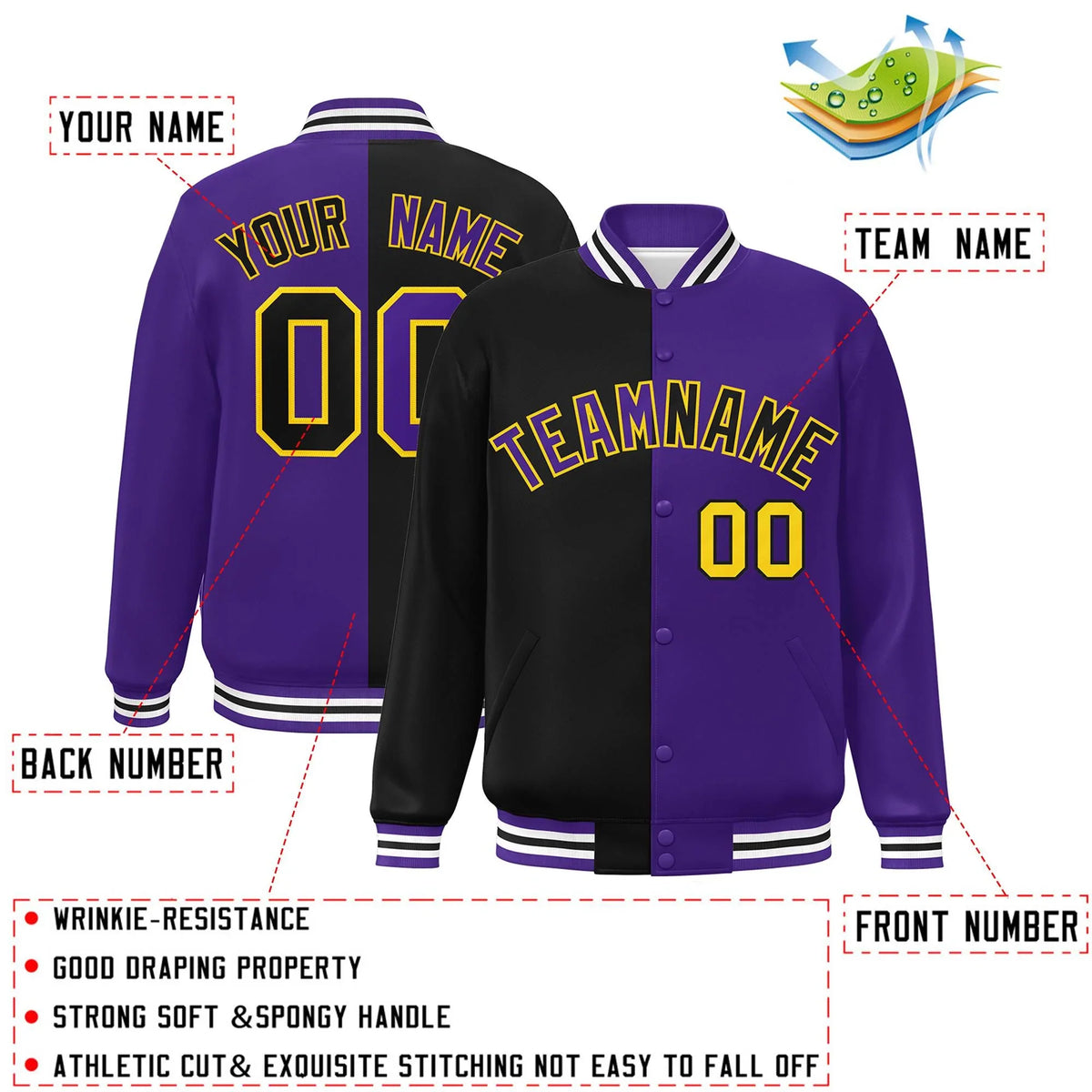 Custom Purple Black-Gold Letterman Two Tone Split Fashion Varsity Full-Snap Jacket