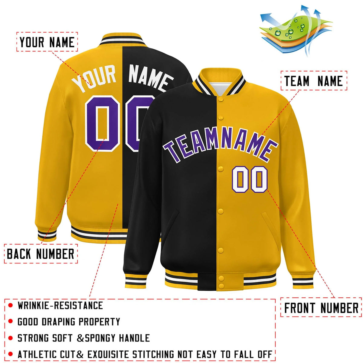 Custom Gold Black-Purple Letterman Two Tone Split Fashion Varsity Full-Snap Jacket