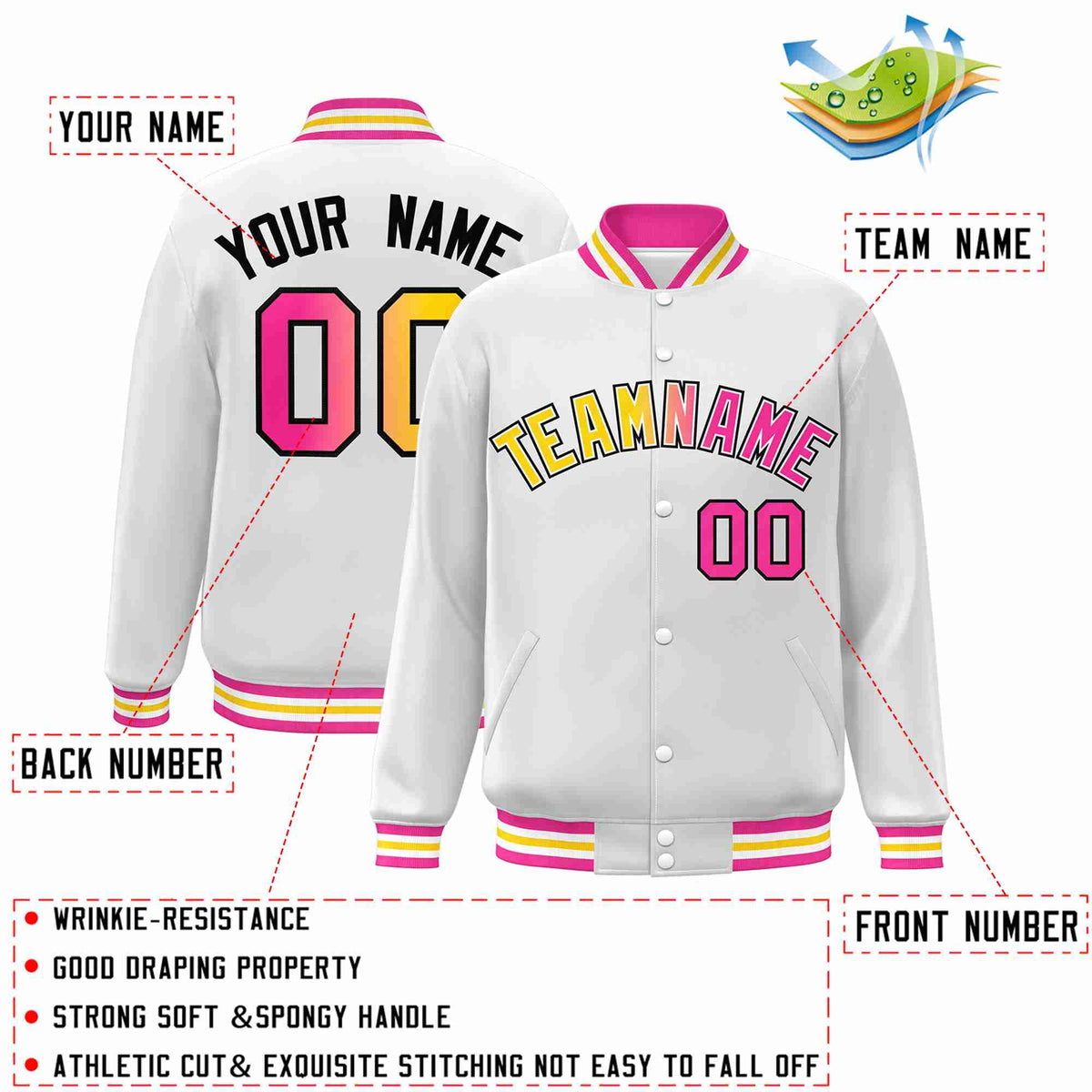 Custom White Yellow-White Gradient Fashion Letterman Bomber Varsity Jacket