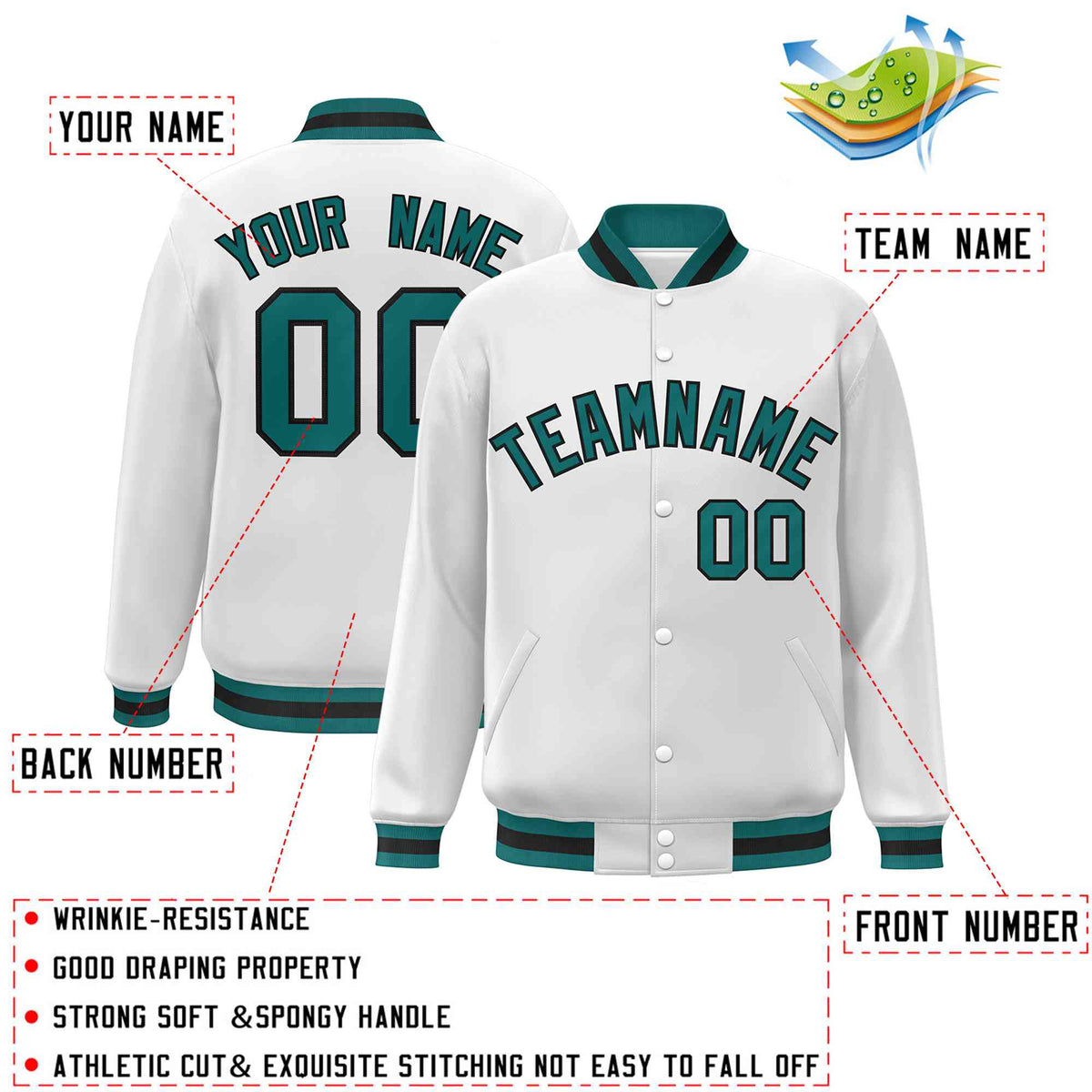 Custom White Aqua-Black Classic Style Varsity Full-Snap Letterman Jacket