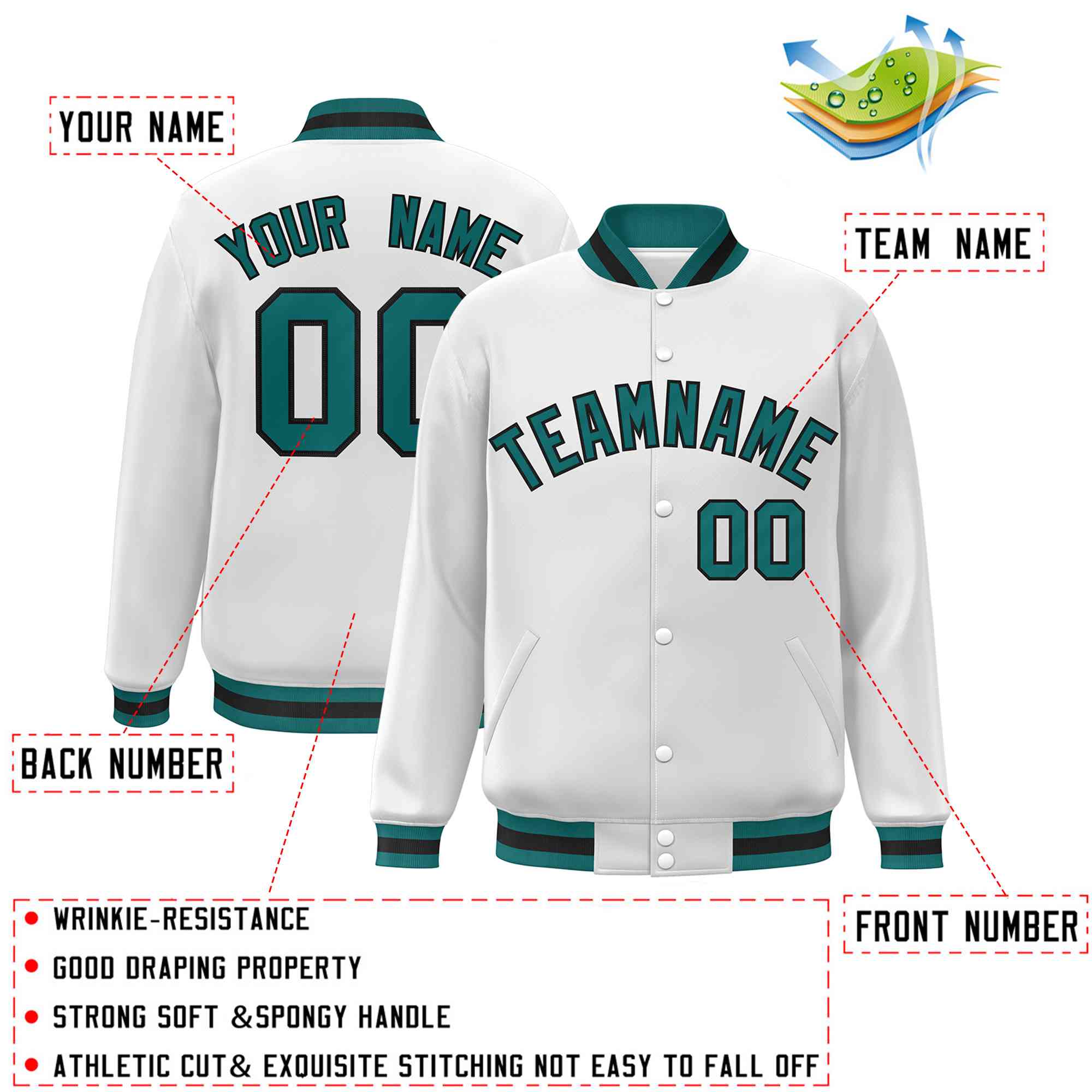 Custom White Aqua-Black Classic Style Varsity Full-Snap Letterman Jacket