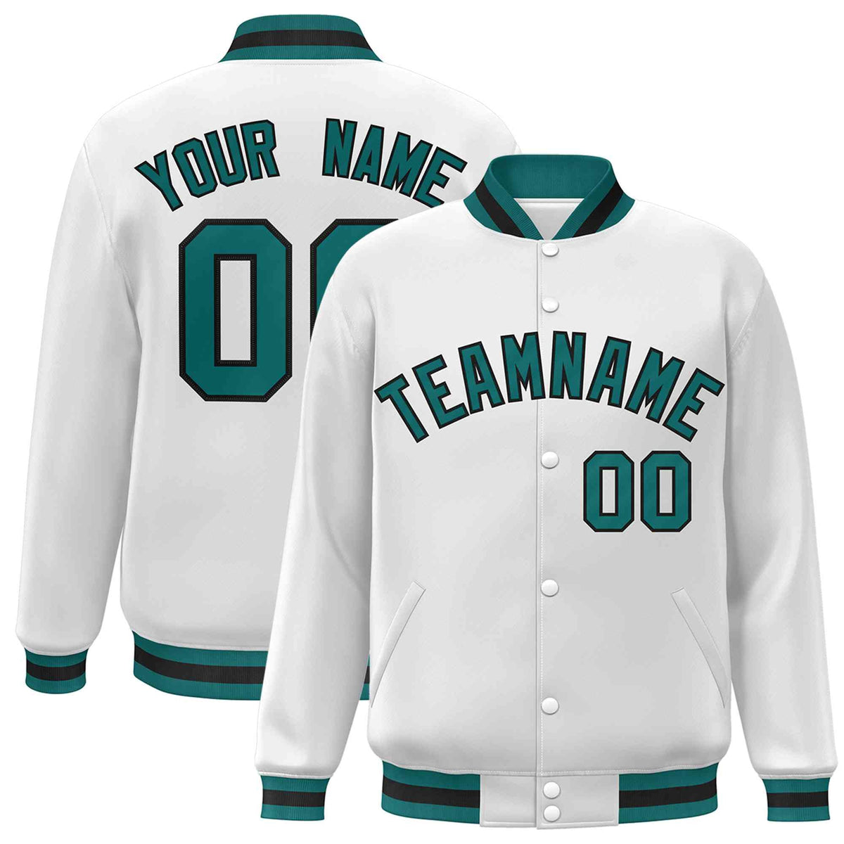 Custom White Aqua-Black Classic Style Varsity Full-Snap Letterman Jacket