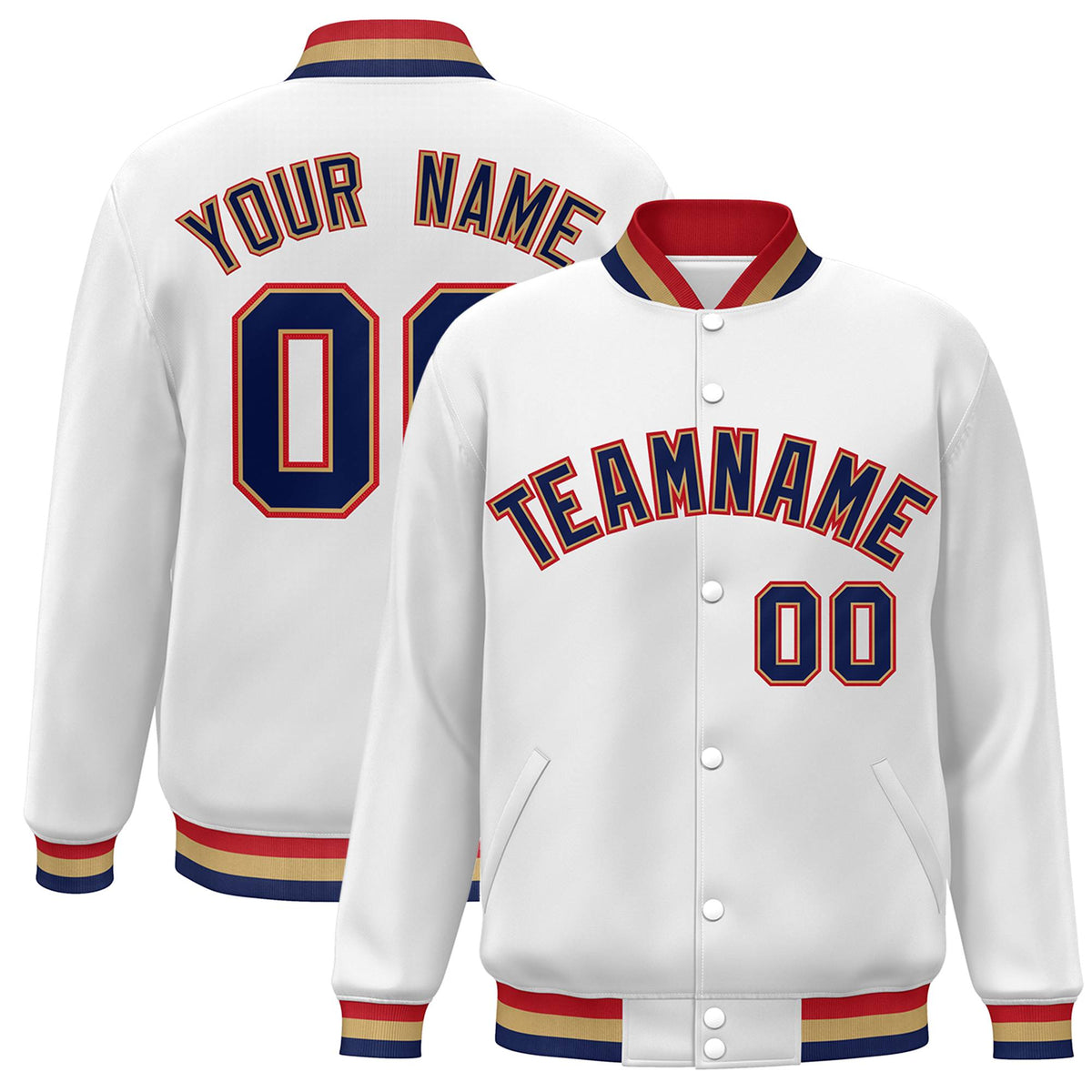 Custom White Navy-Old Gold Classic Style Varsity Full-Snap Letterman Jacket