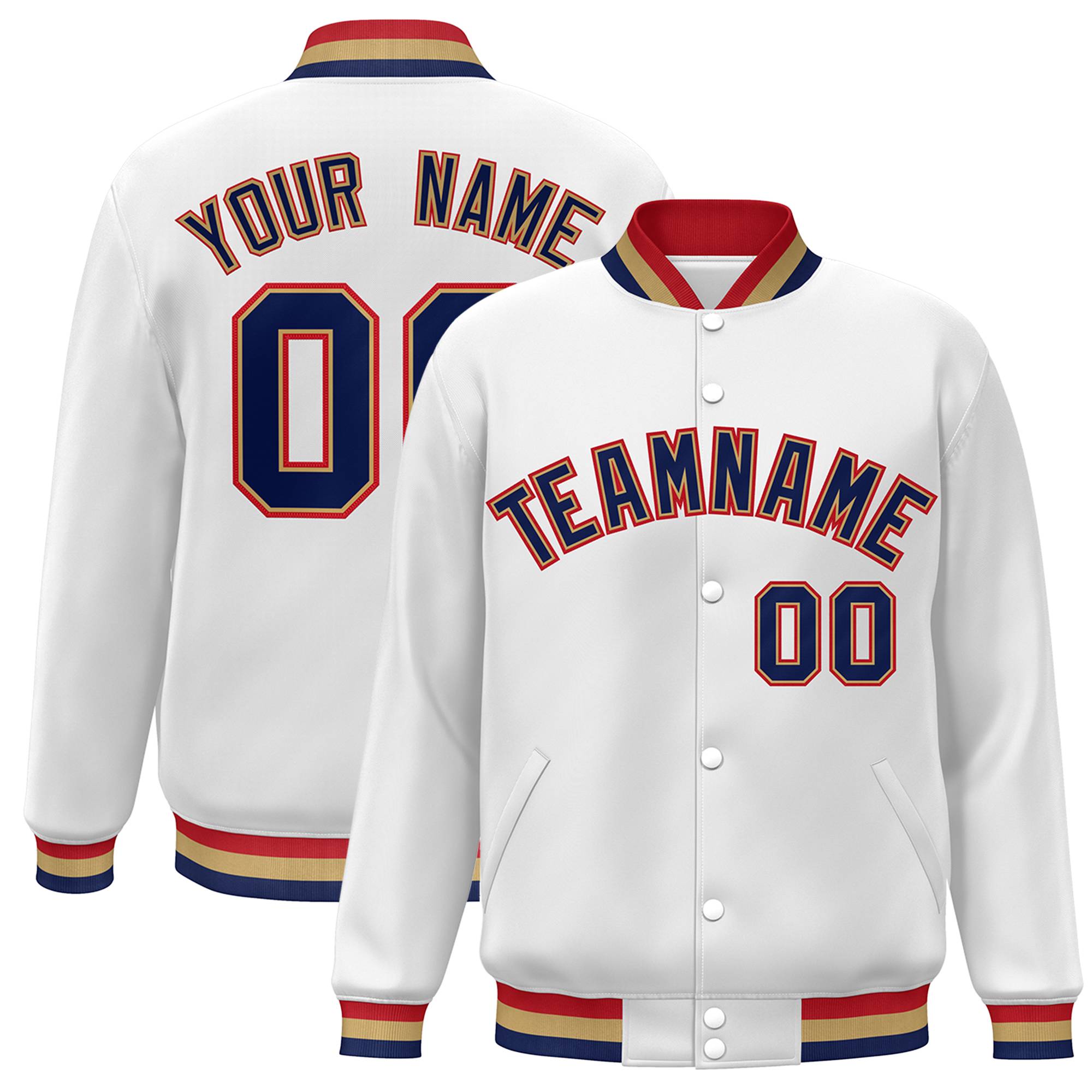 Custom White Navy-Old Gold Classic Style Varsity Full-Snap Letterman Jacket