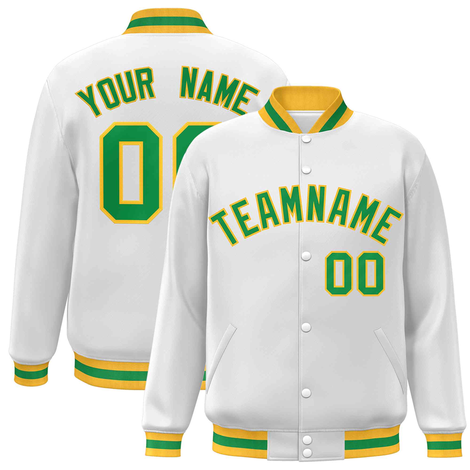 Custom White Green-Gold Classic Style Varsity Full-Snap Letterman Jacket