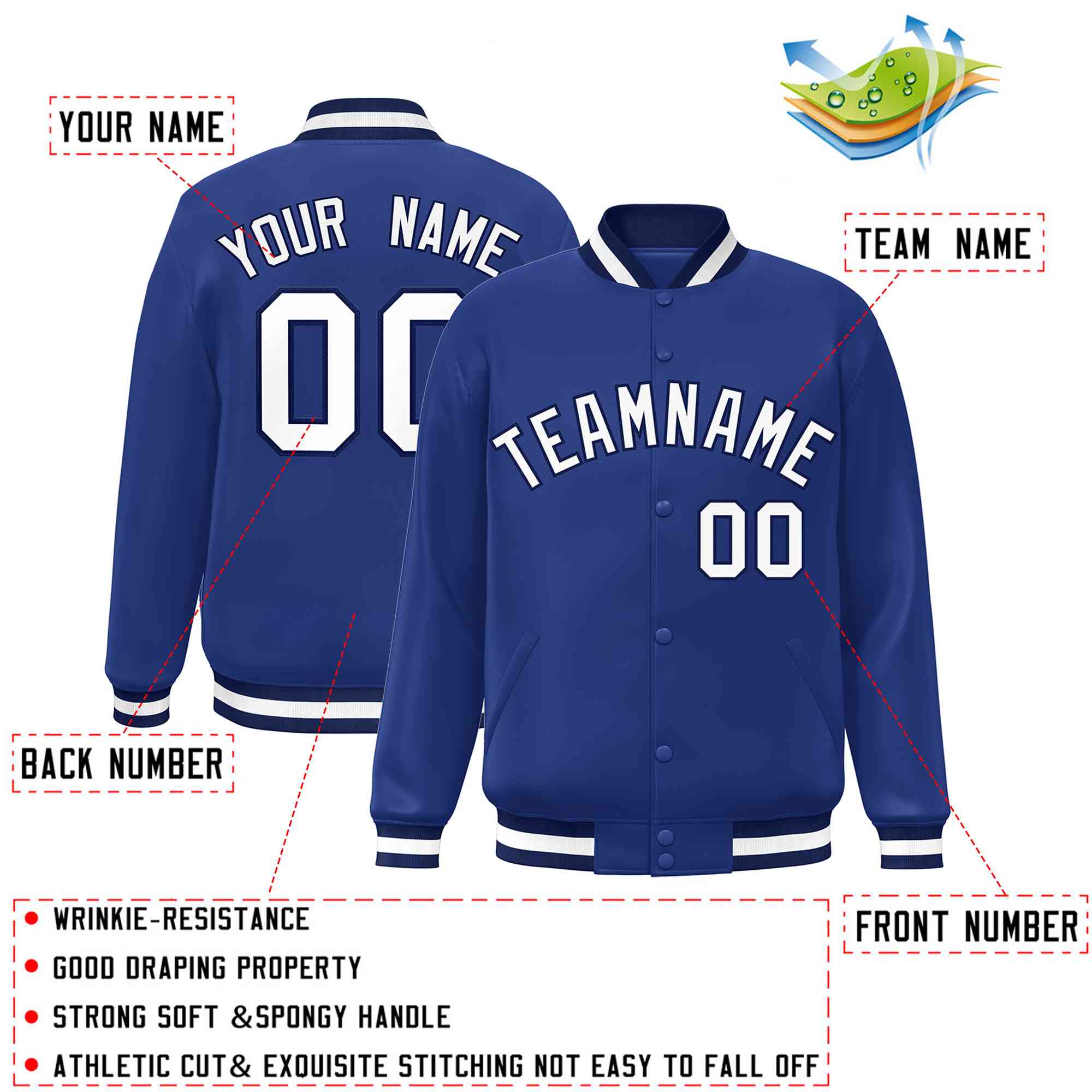 Custom Royal White-Navy Classic Style Varsity Full-Snap Letterman Jacket