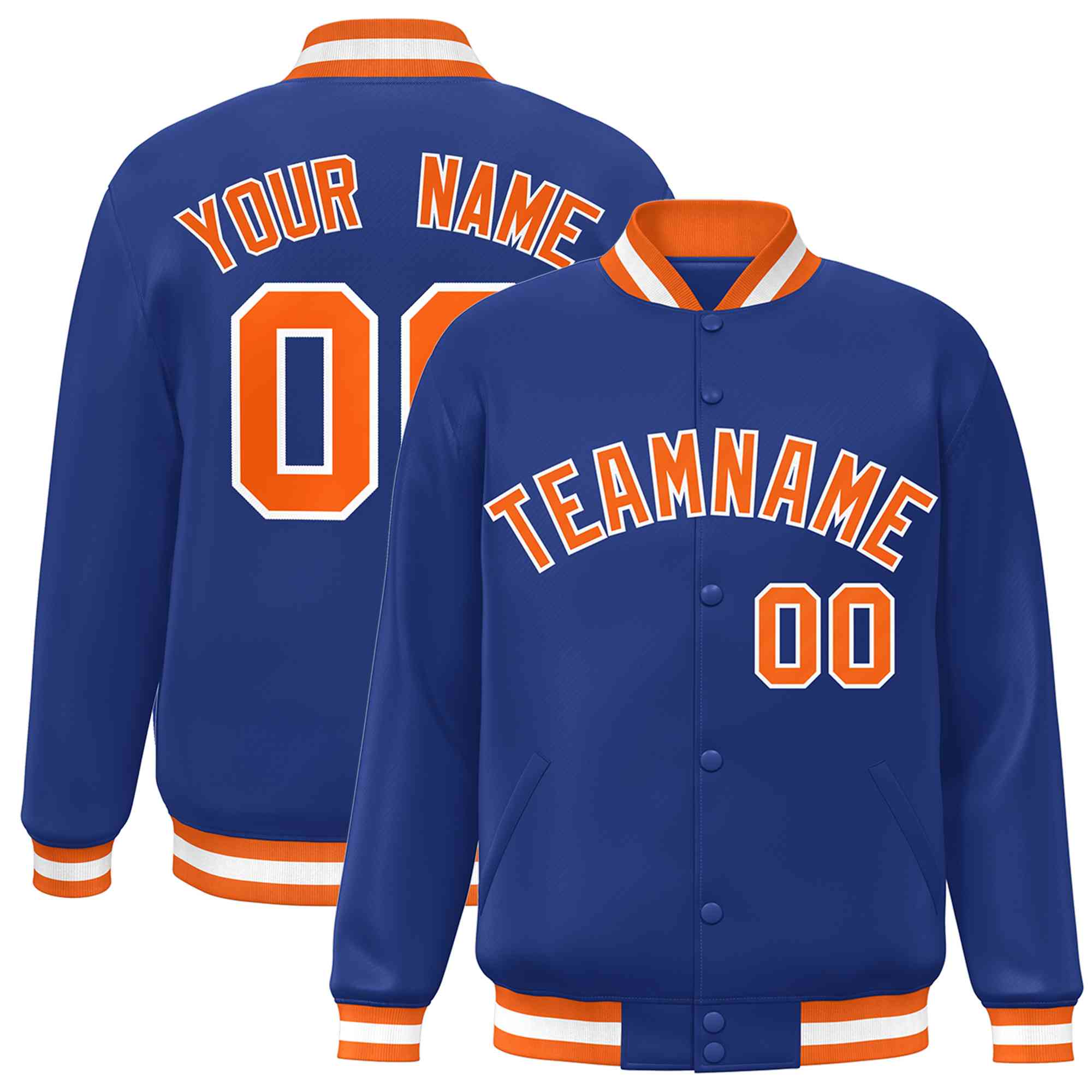 Custom Royal Orange-White Classic Style Varsity Full-Snap Letterman Jacket