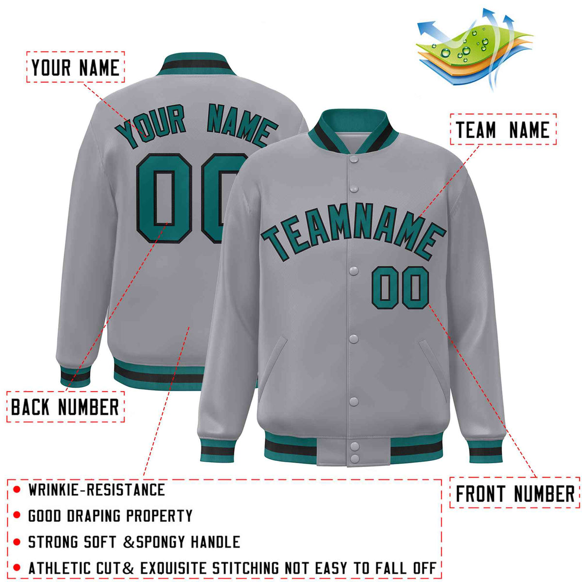 Custom Gray Aqua-Black Classic Style Varsity Full-Snap Letterman Jacket