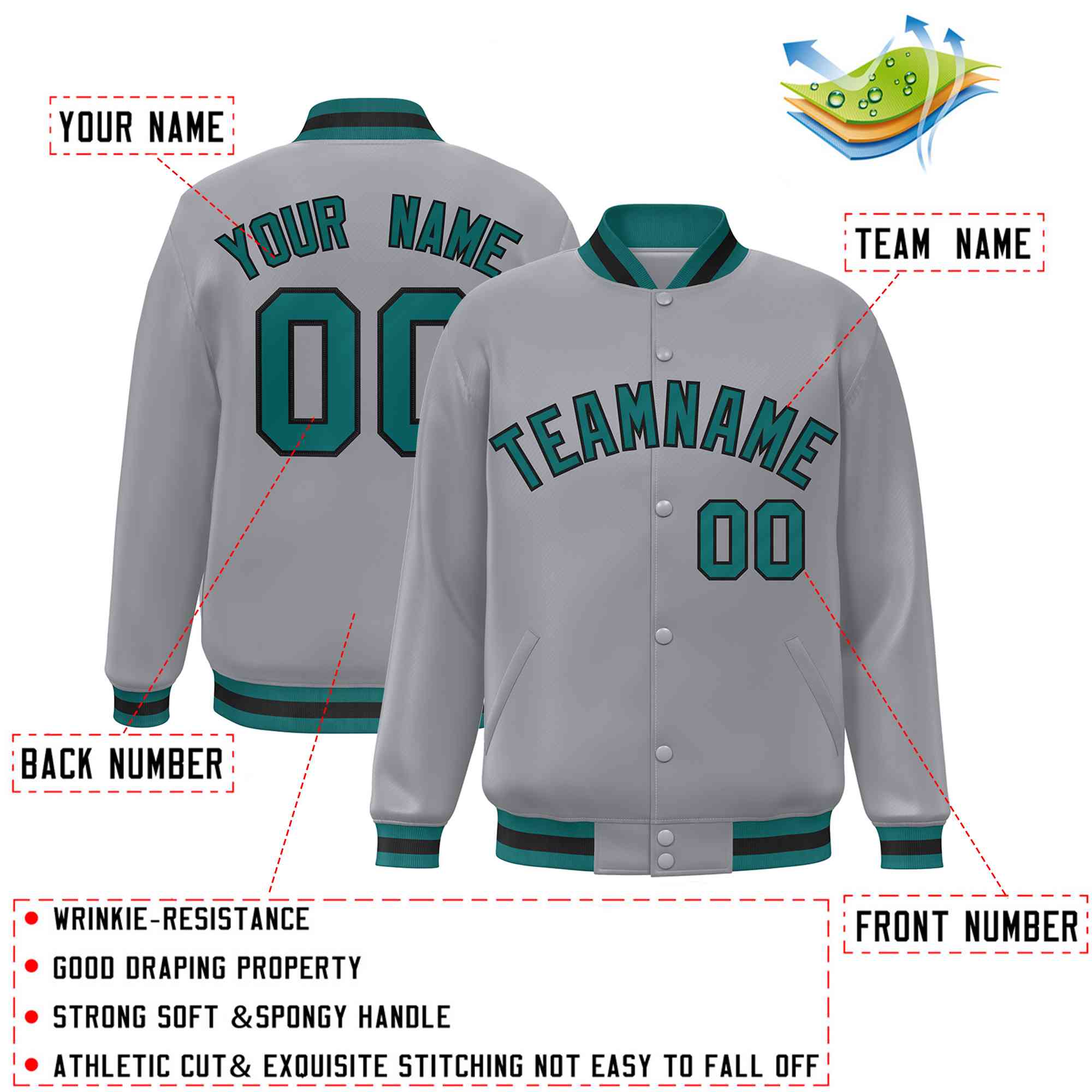 Custom Gray Aqua-Black Classic Style Varsity Full-Snap Letterman Jacket