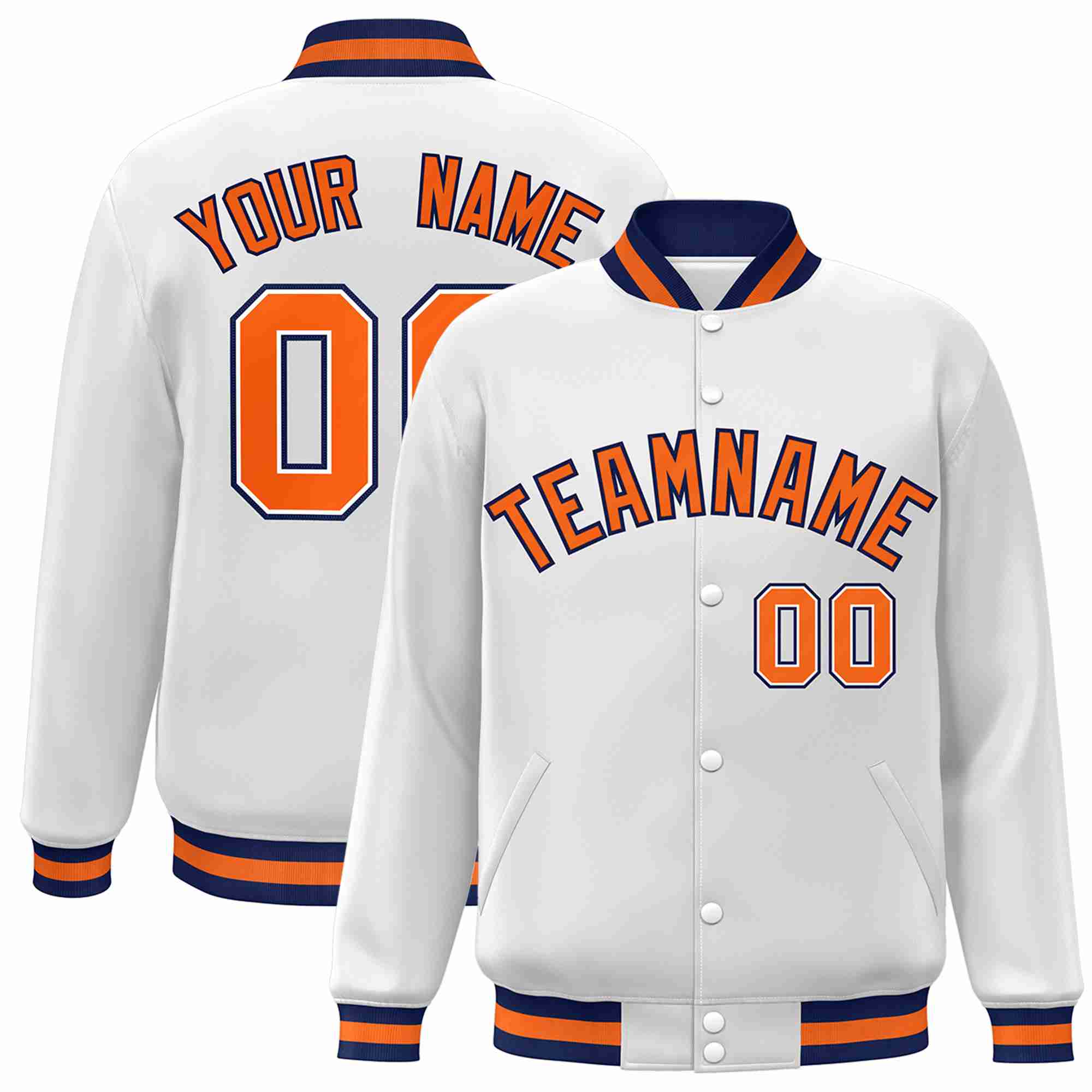 Custom White Orange-Navy Classic Style Varsity Full-Snap Letterman Jacket