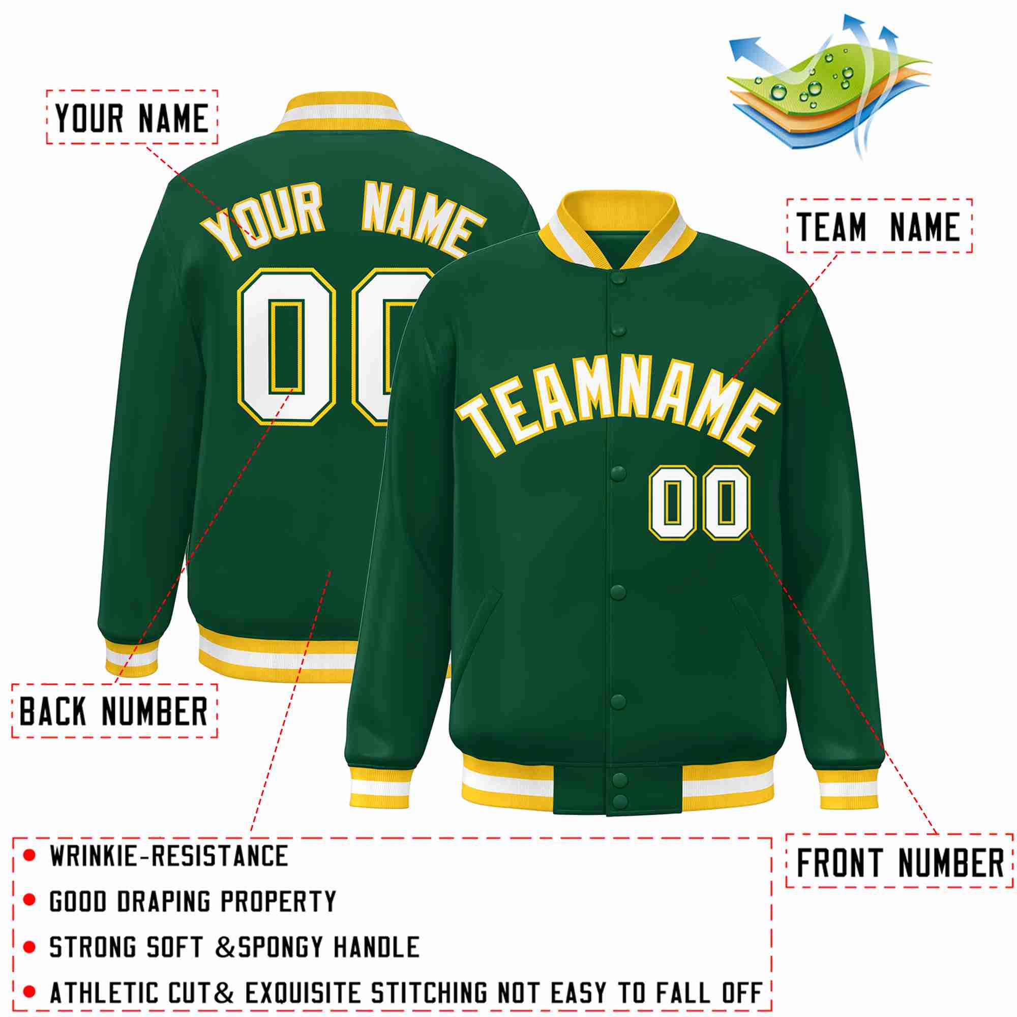Custom Green White-Gold Classic Style Varsity Full-Snap Letterman Jacket