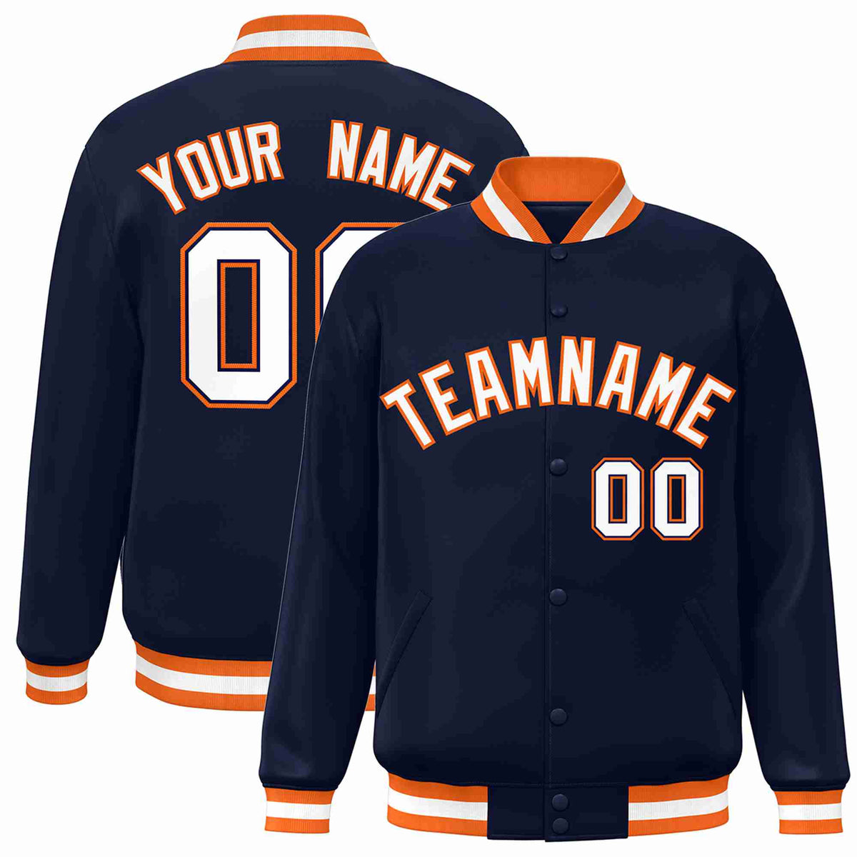 Custom Navy White-Orange Classic Style Varsity Full-Snap Letterman Jacket
