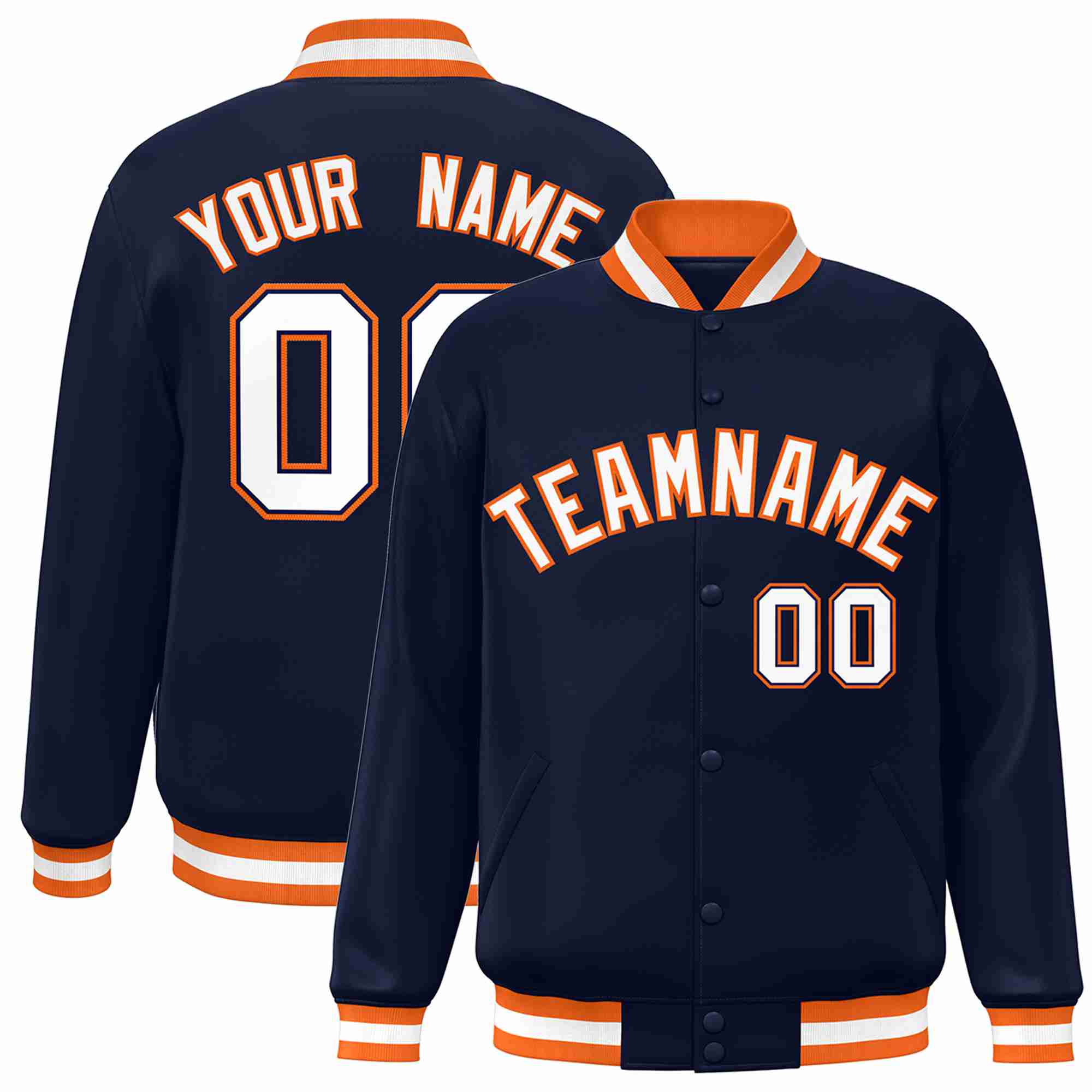 Custom Navy White-Orange Classic Style Varsity Full-Snap Letterman Jacket