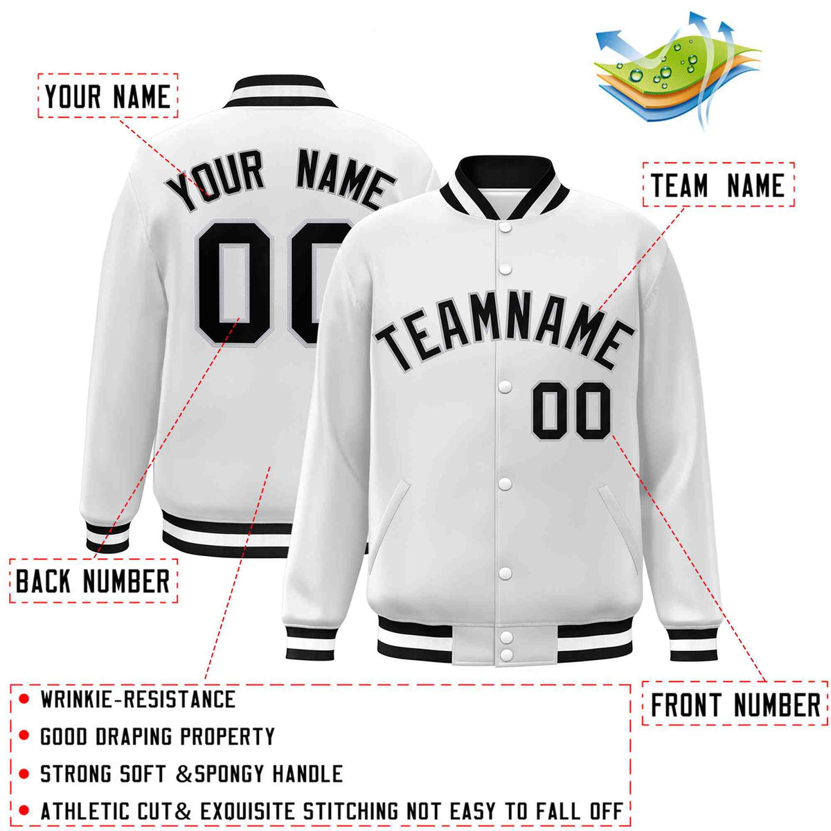 Custom White Black-Gray Classic Style Varsity Full-Snap Letterman Jacket
