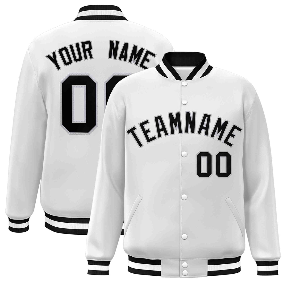 Custom White Black-Gray Classic Style Varsity Full-Snap Letterman Jacket | KXKSHOP