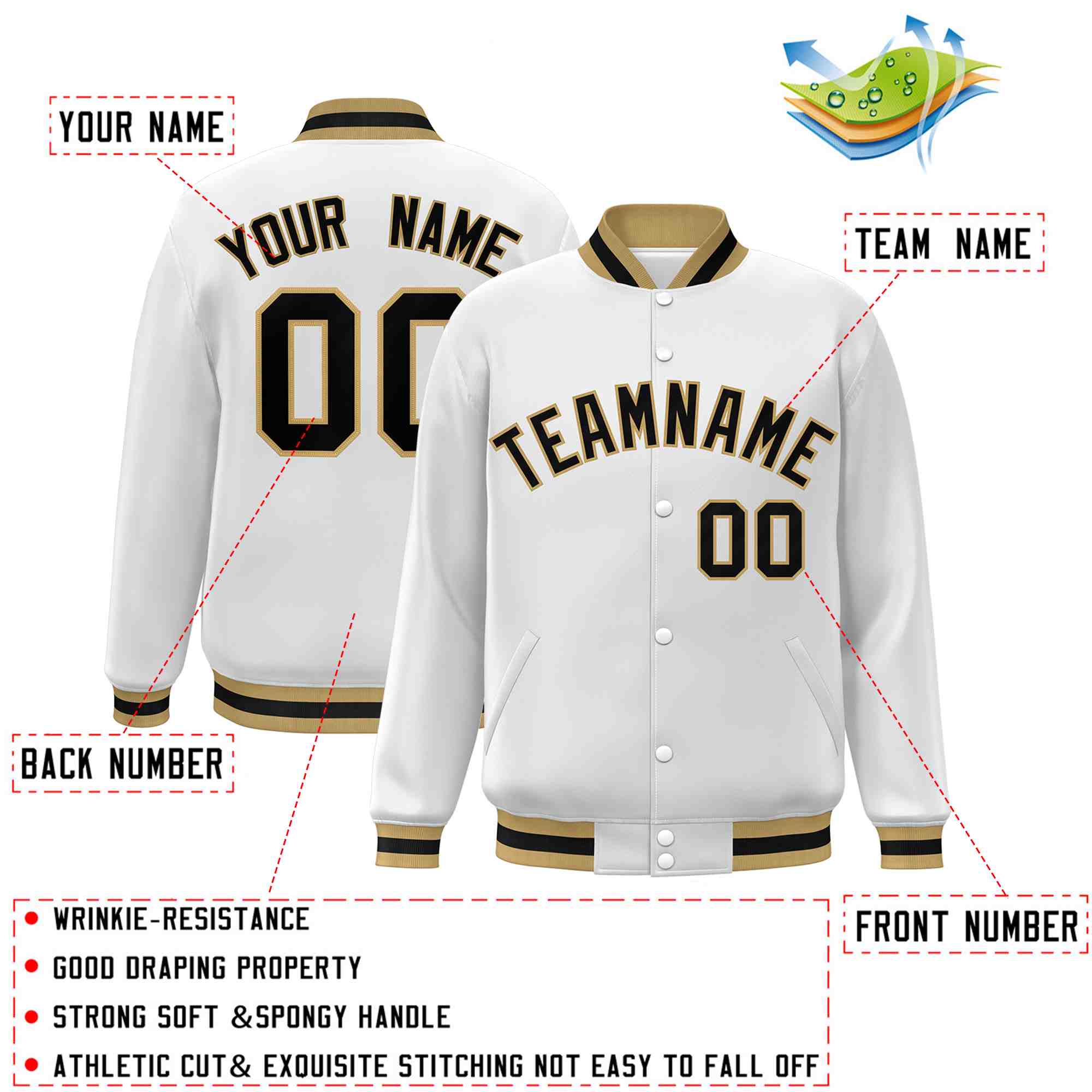 Custom White Black-Old Gold Classic Style Varsity Full-Snap Letterman Jacket