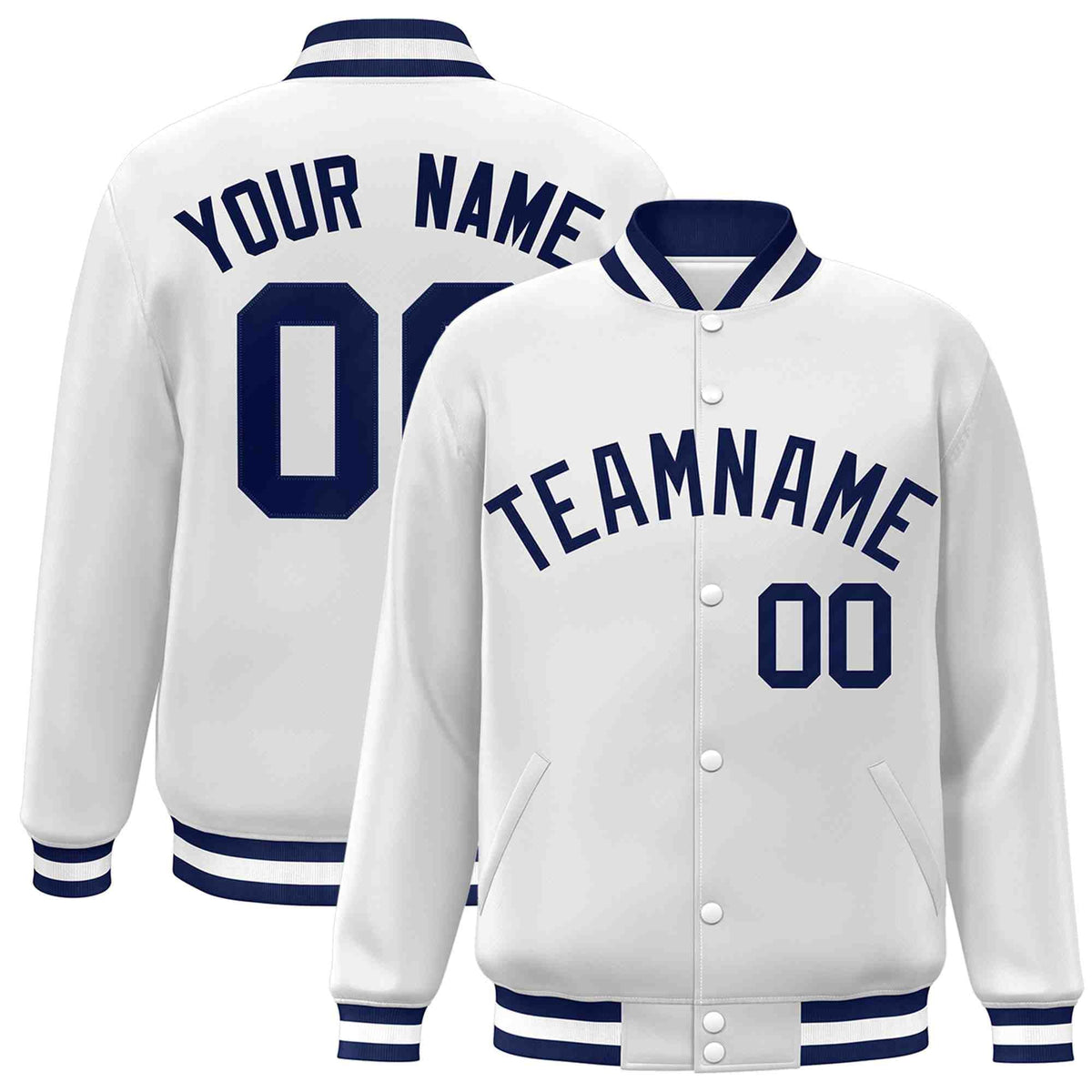 Custom White Navy Classic Style Varsity Full-Snap Letterman Jacket