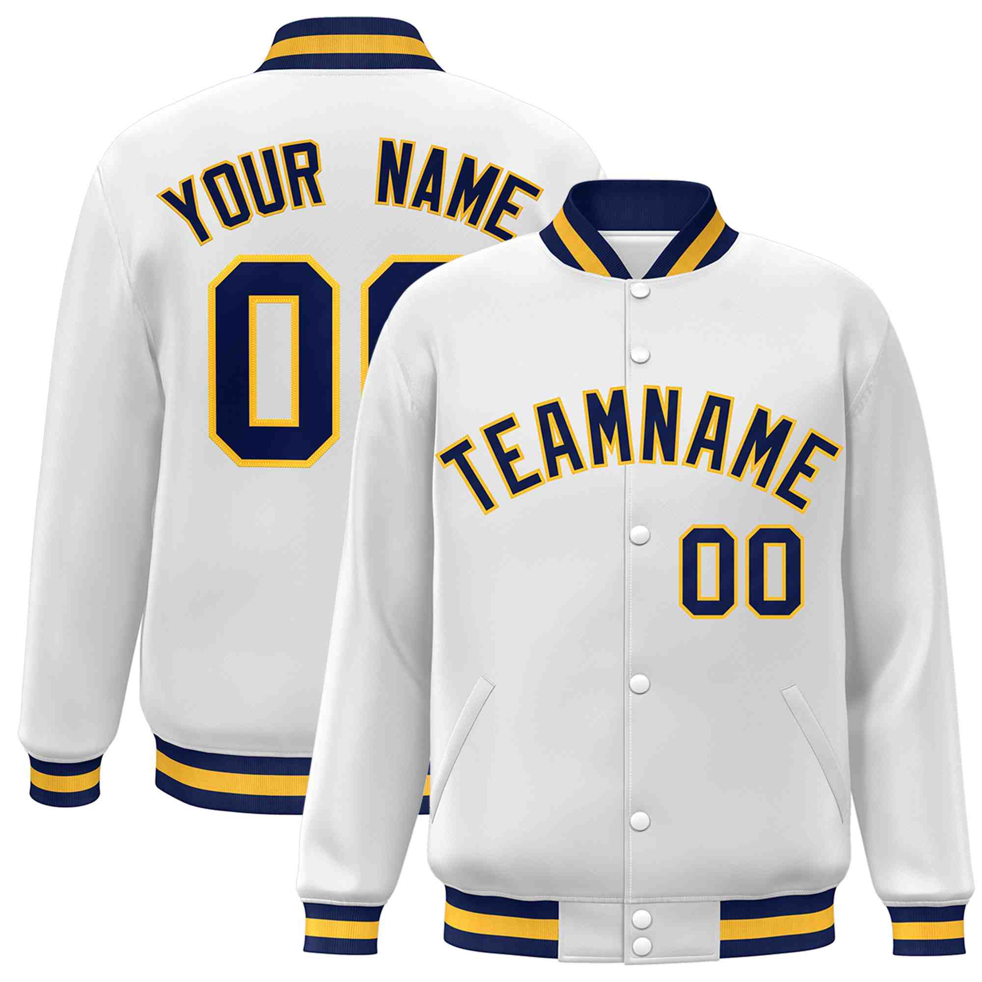 Custom White Navy-Gold Classic Style Varsity Full-Snap Letterman Jacket