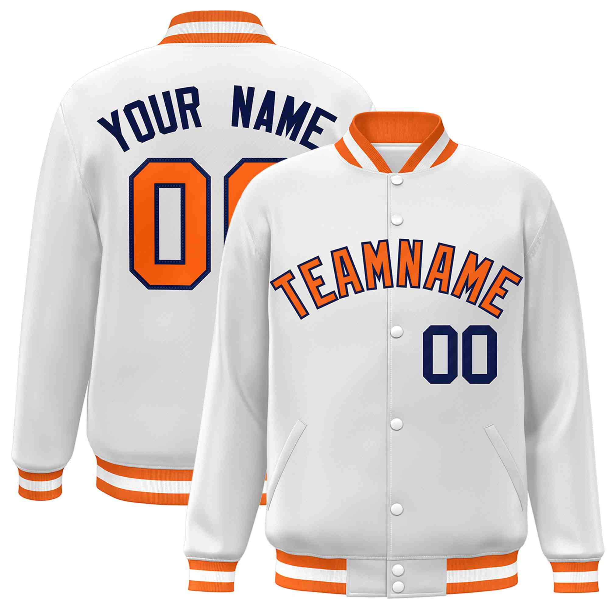Custom White Orange-Navy Classic Style Varsity Full-Snap Letterman Jacket