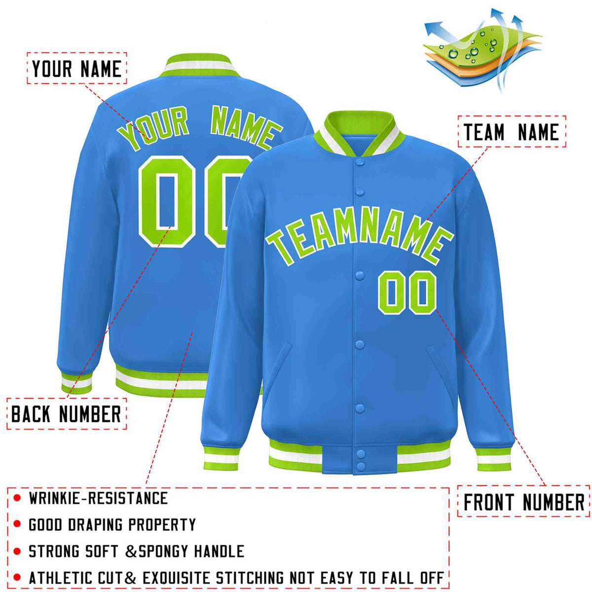 Custom Powder Blue Neon Green-White Classic Style Varsity Full-Snap Letterman Jacket