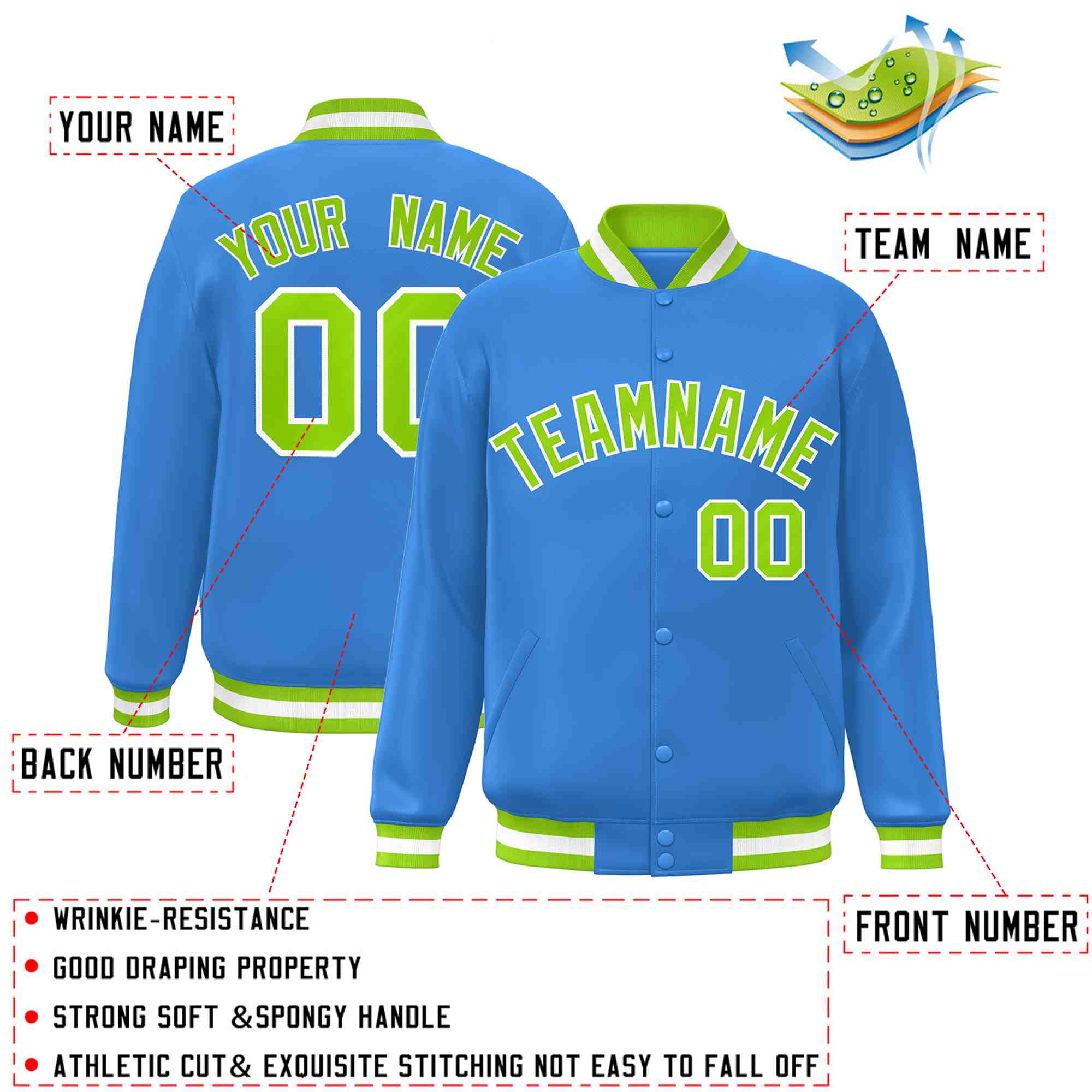 Custom Powder Blue Neon Green-White Classic Style Varsity Full-Snap Letterman Jacket