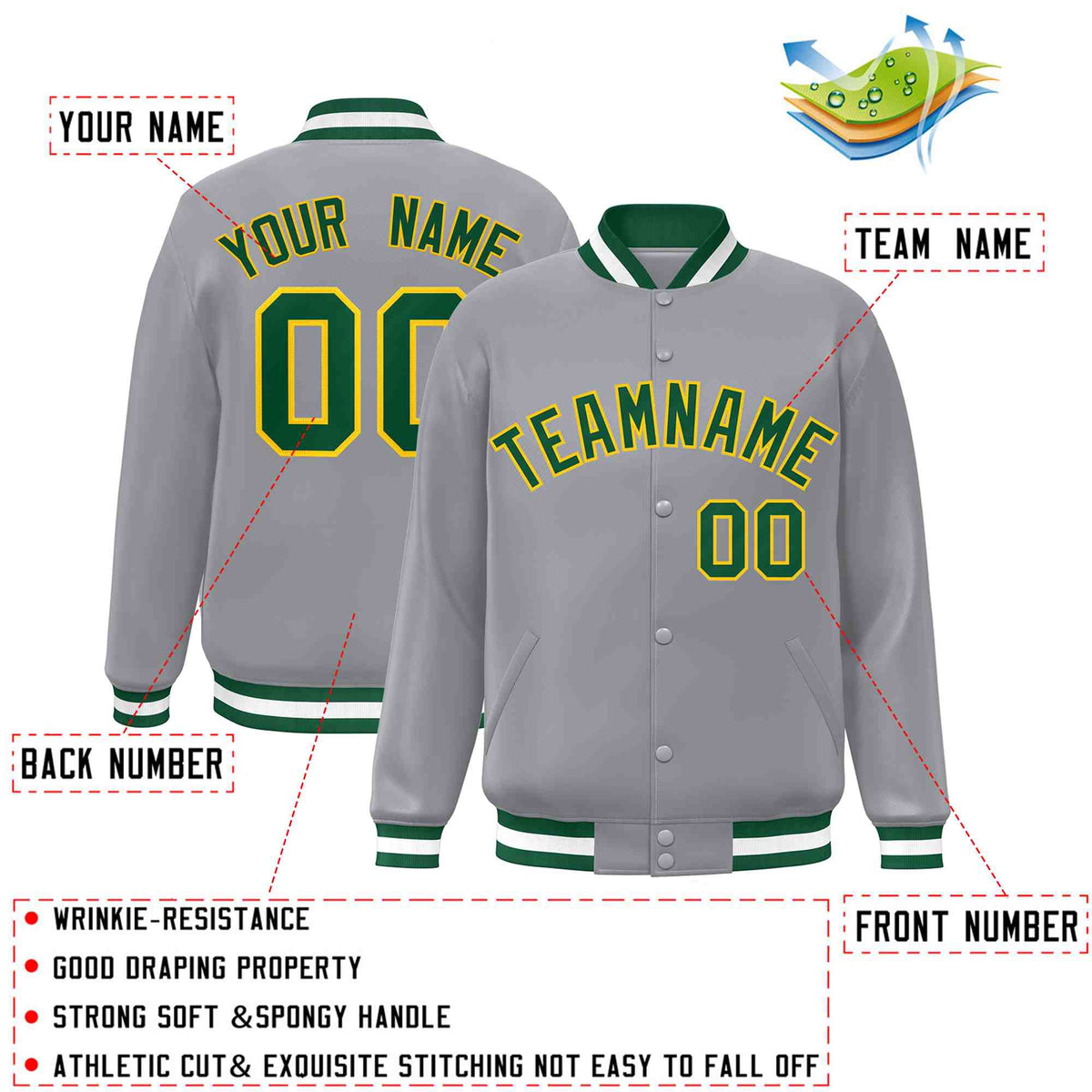 Custom Gray Green-Gold Classic Style Varsity Full-Snap Letterman Jacket