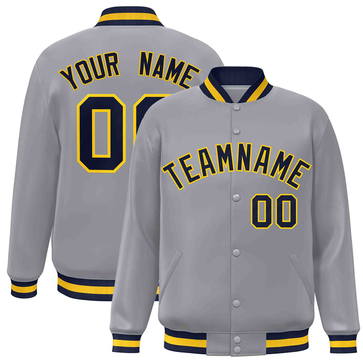 Custom Gray Navy-Gold Classic Style Varsity Full-Snap Letterman Jacket